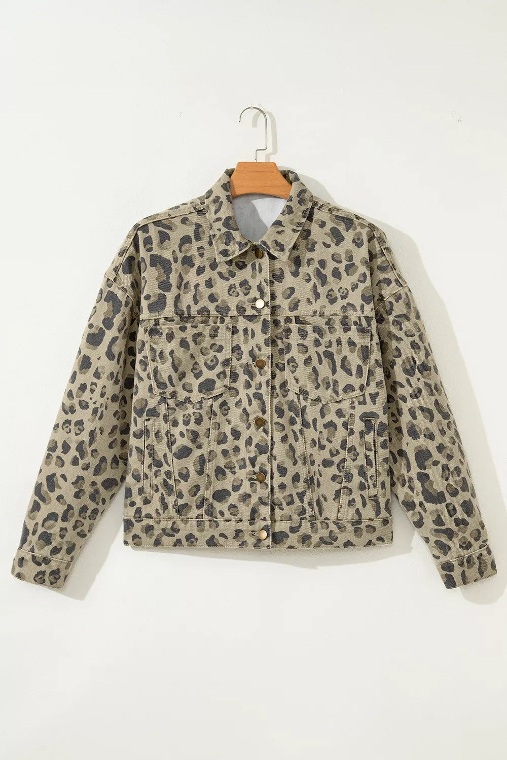 Trendsi Leopard Print Seam Detail Button Down Denim Jacket -