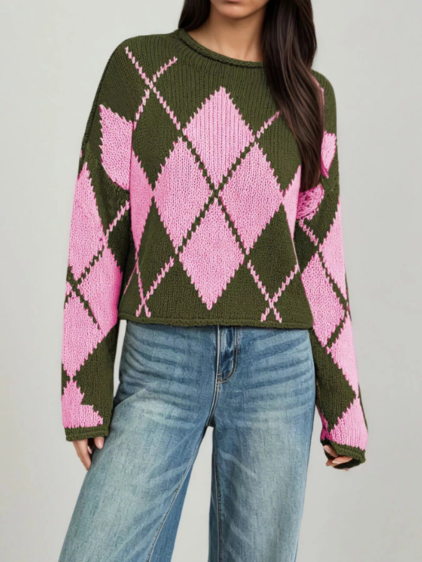 Trendsi Argyle Pattern Knit Dropped Shoulder Sweater -