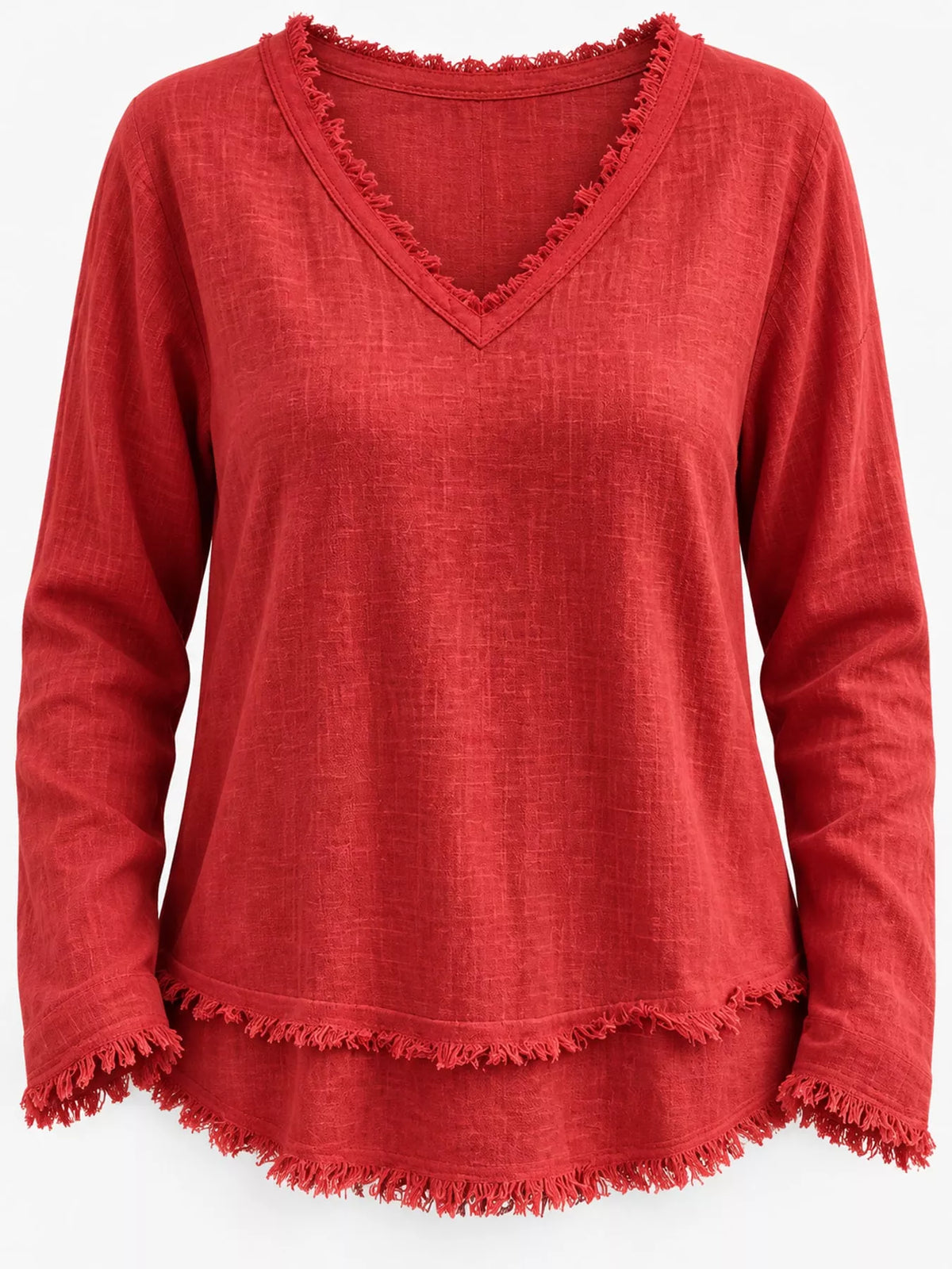 Frayed V-neck blouse, red detail