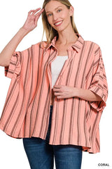 Trendsi Zenana Woven Yarn-Dye Stripe Oversized Button Down Shirt - Outerwear