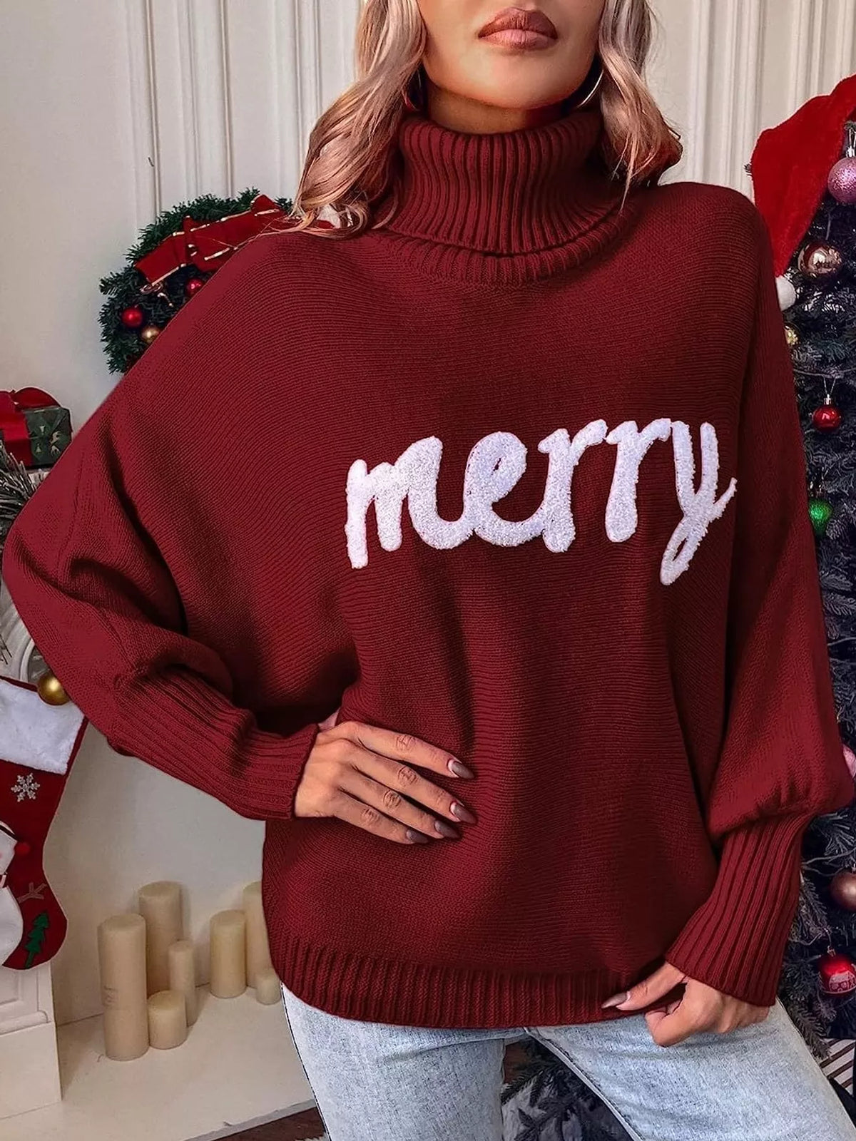 Burgundy lettering turtleneck sweater