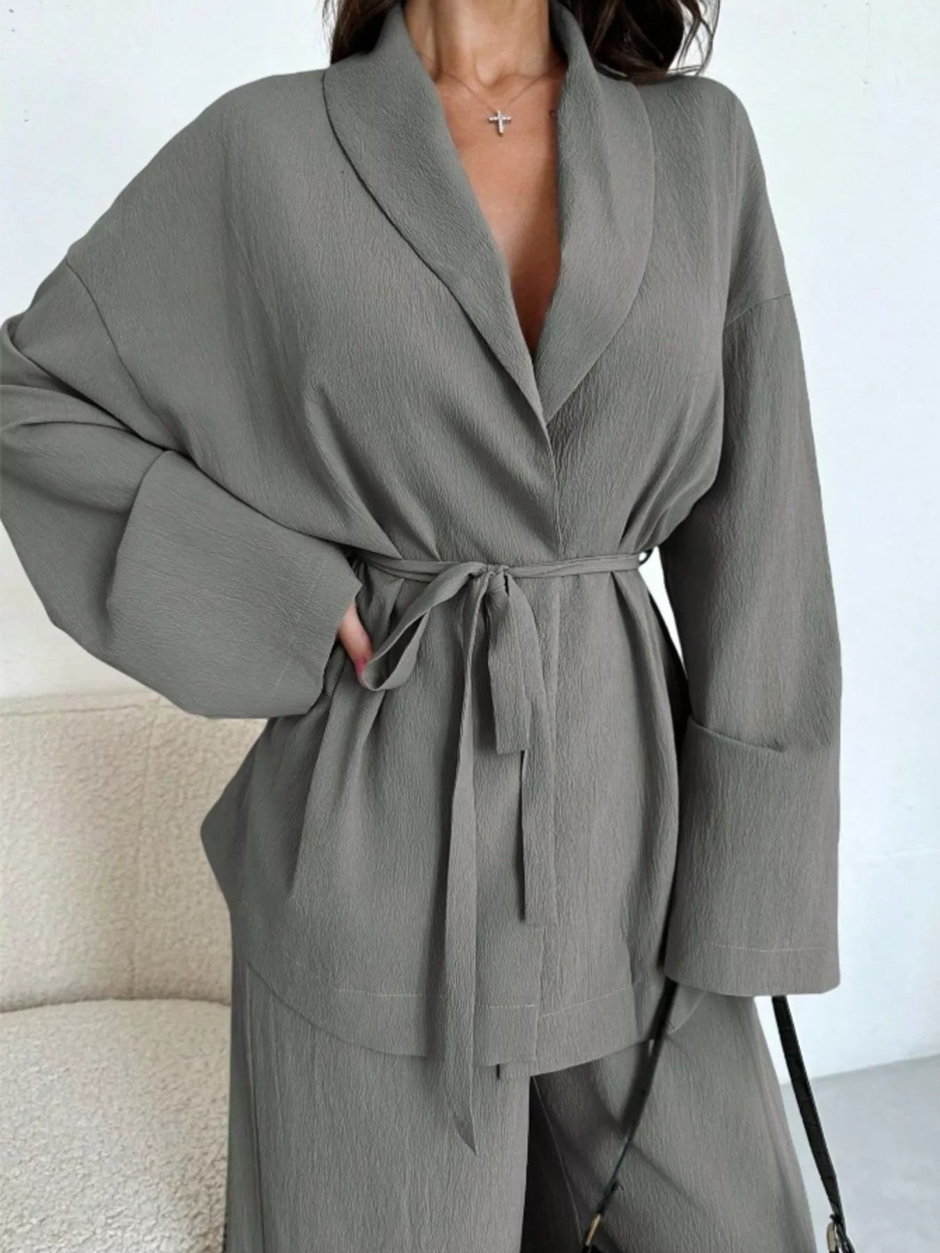 Trendsi Textured Tie Waist Top and Wide-Leg Pants Set -