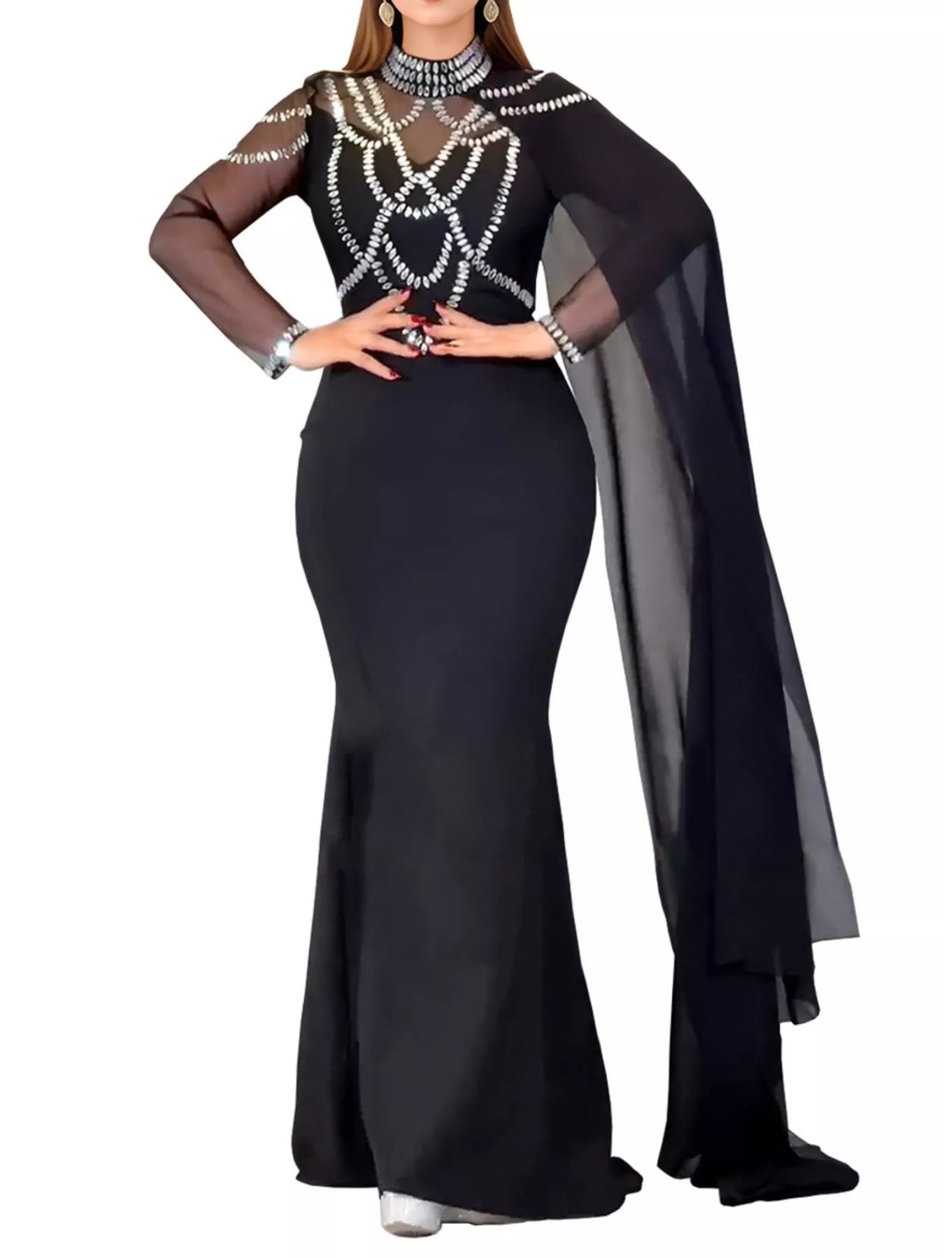 Trendsi Rhinestone Slit Maxi Dress with Sheer Cape Sleeves -