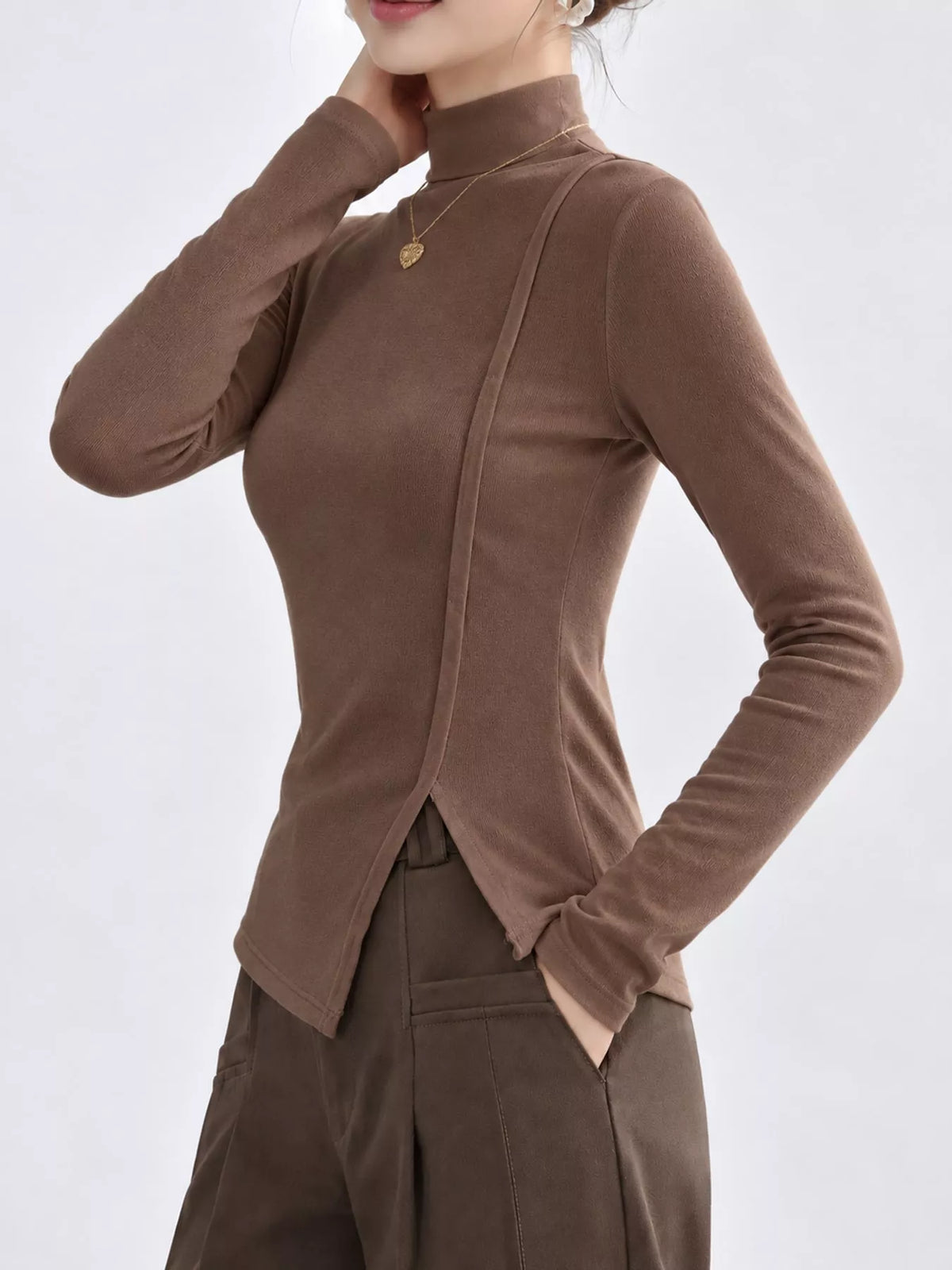 Khaki mock neck long sleeve t-shirt