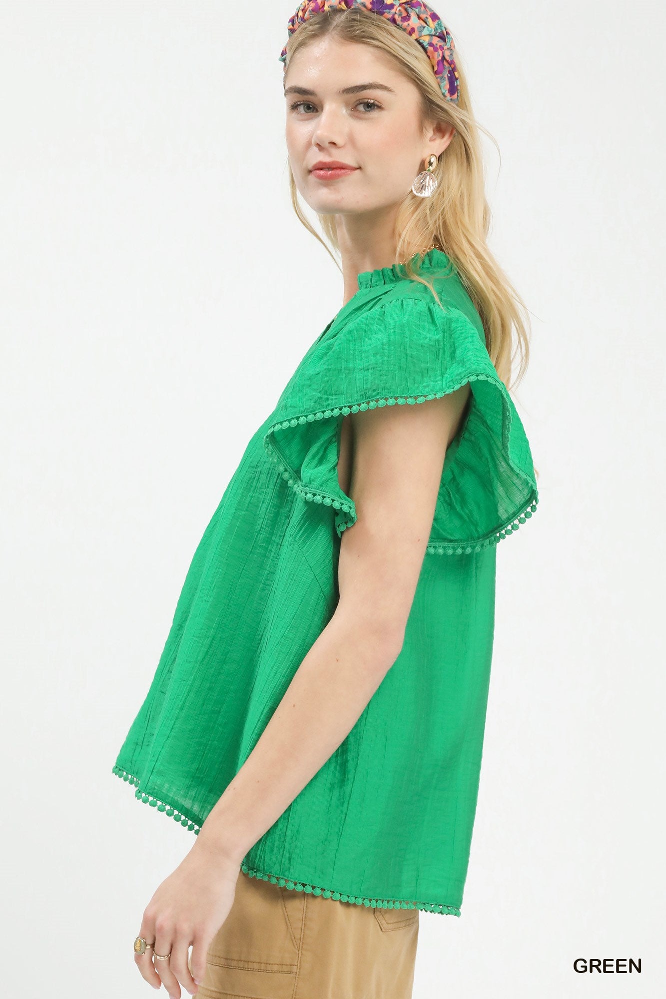 Women's Emerald Green Tencel Blend Flutter Sleeve Blouse — product view 3