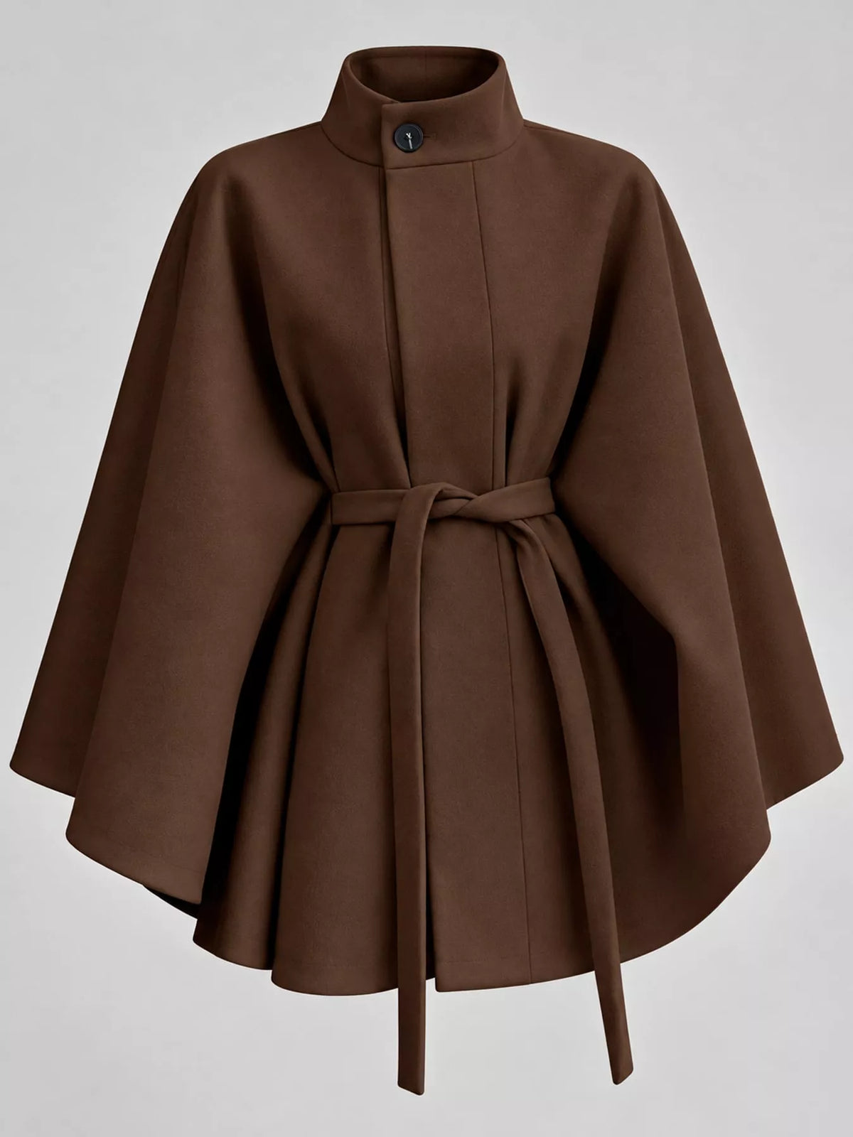 Brown tie-waist cape — front view