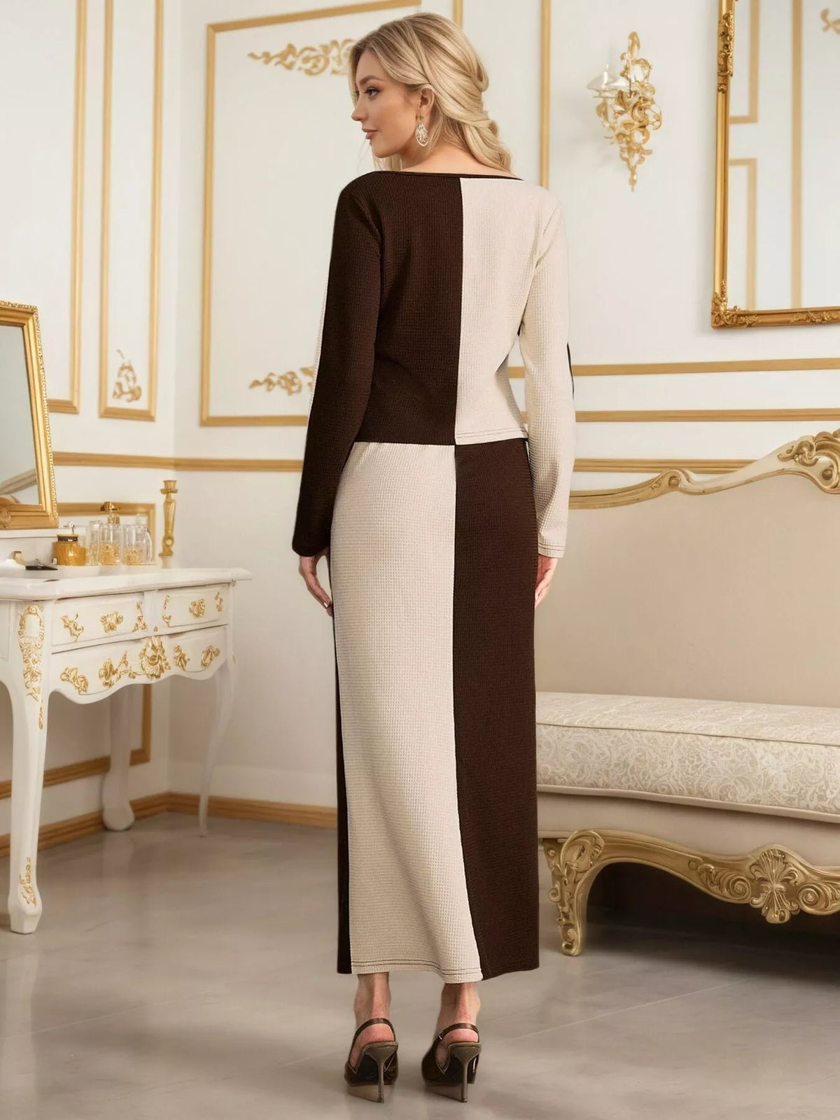 Brown and cream two-tone top and skirt set, back view