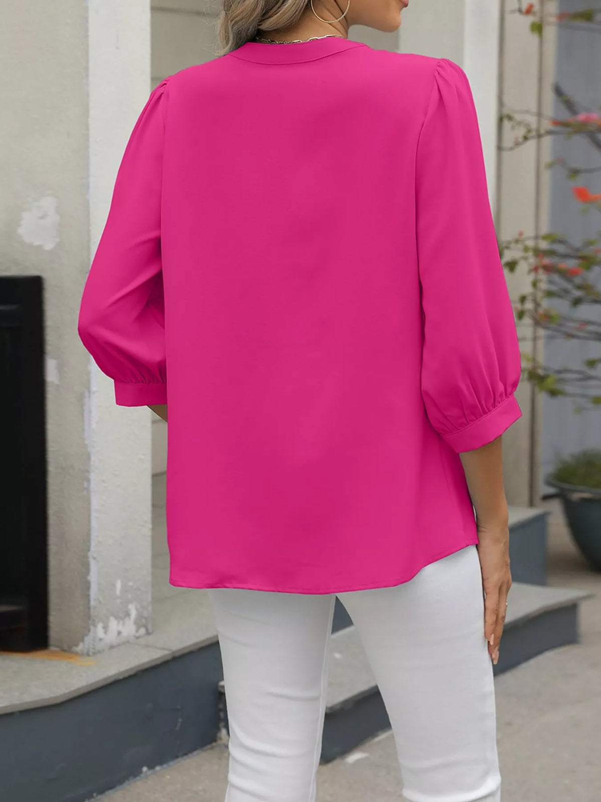 V-Neck Metal Buckle Detail Blouse, back view in pink