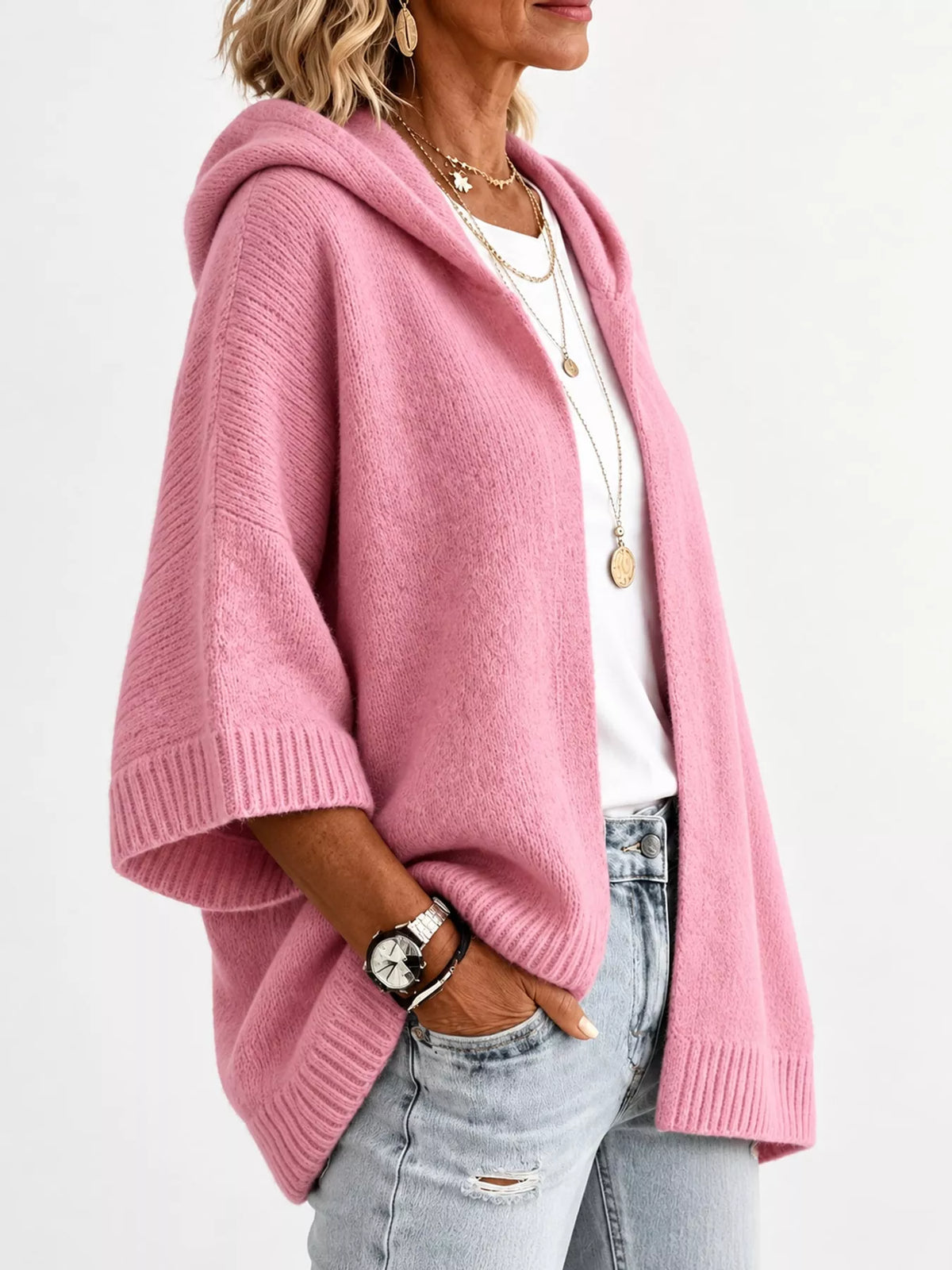 Hooded knit cardigan, pink side