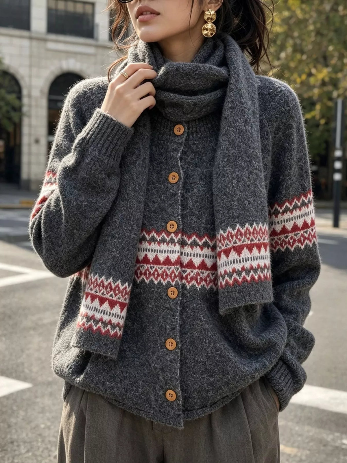 Charcoal geometric button-front knit cardigan, front view with scarf.