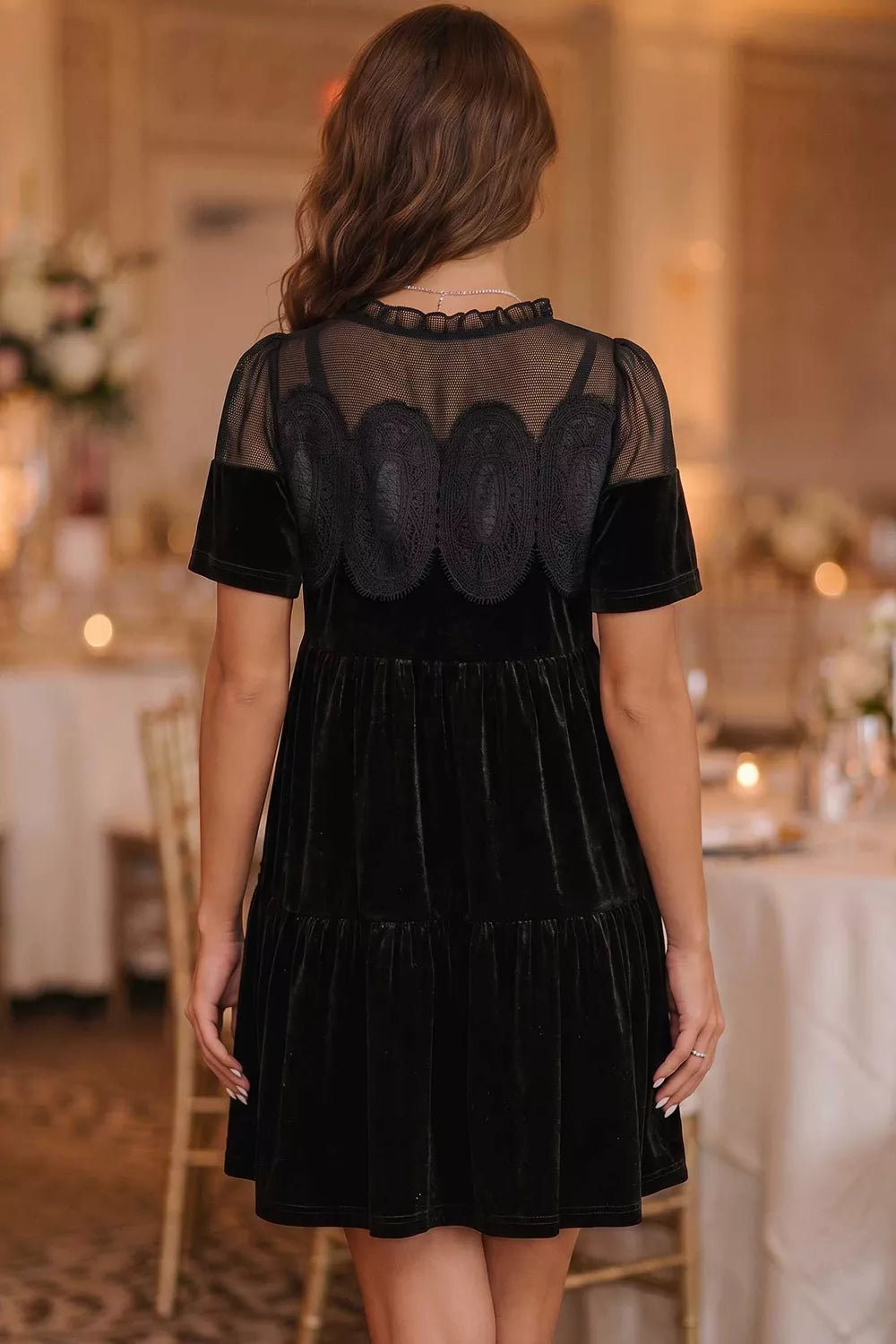 Trendsi Embroidered Velvet Short Sleeve Mini Shift Dress -