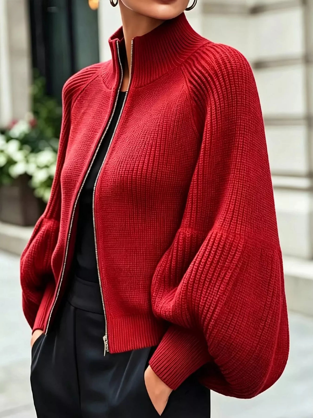 Red ribbed knit zip-up lantern sleeve cardigan