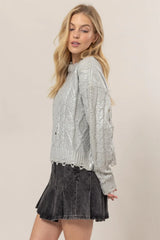 Trendsi HYFVE Distressed Cable-Knit Round Neck Long Sleeve Sweater - Shirts