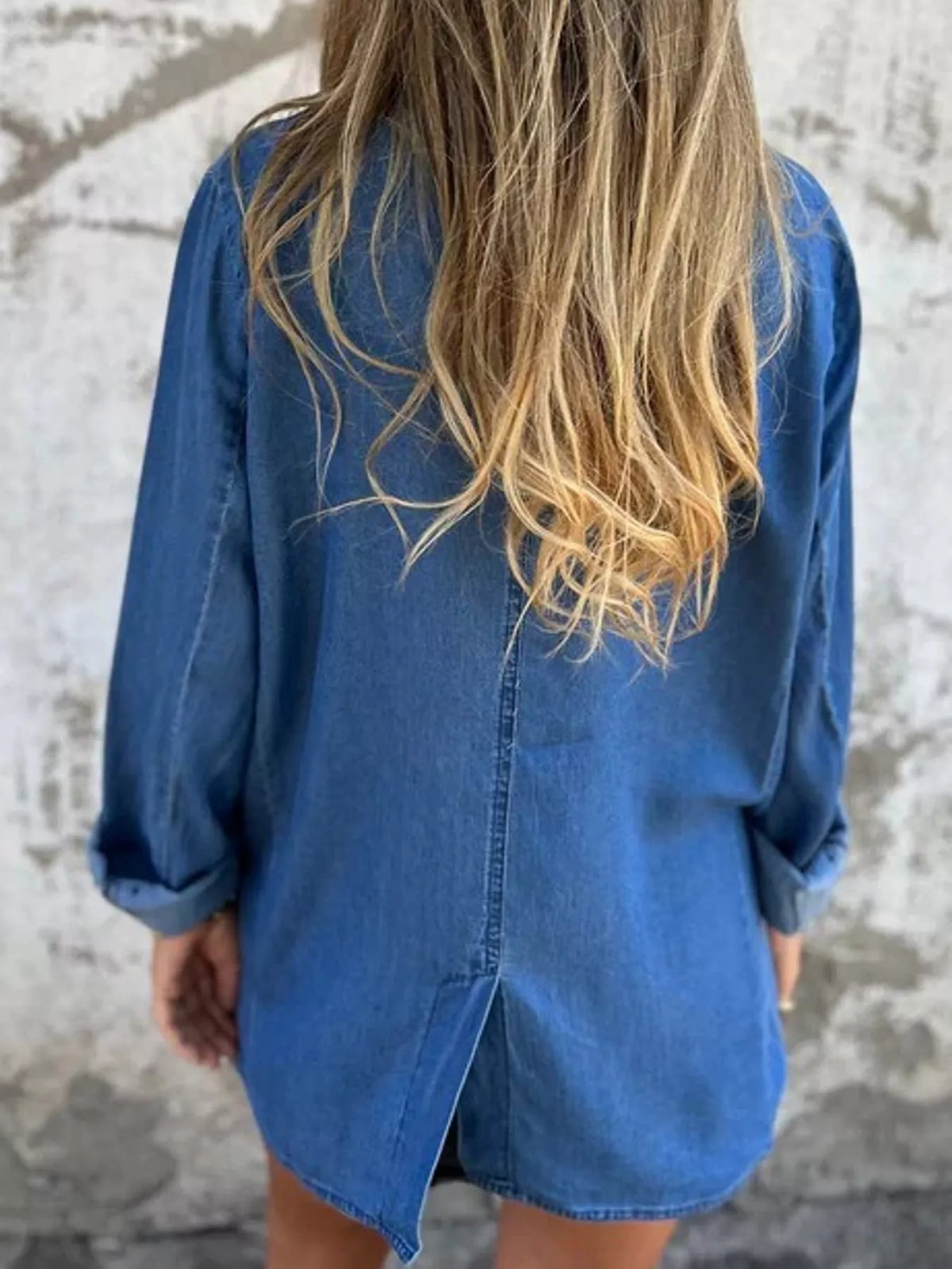 Lapel Collar Long Sleeve Denim Blazer, back view in blue