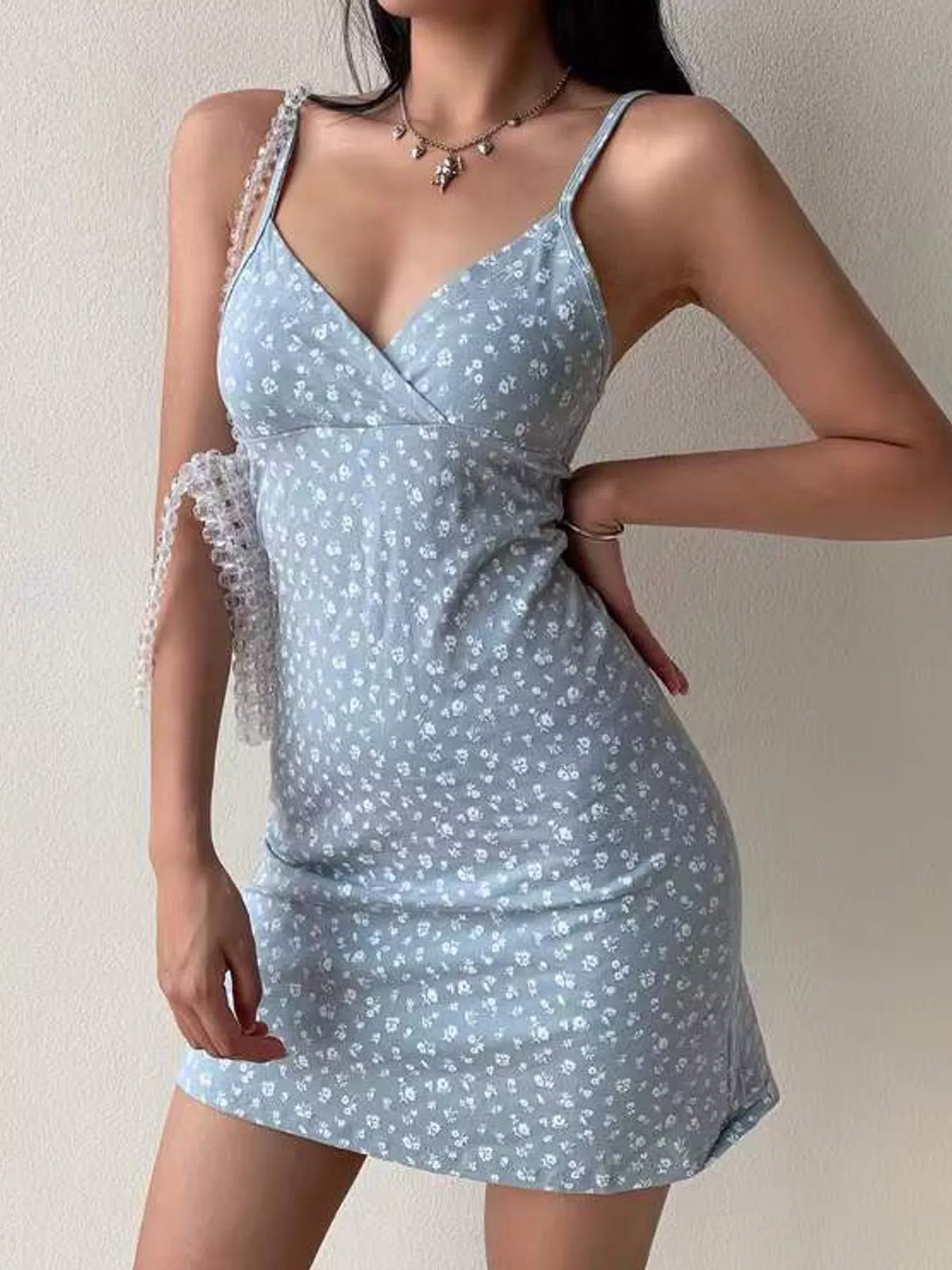 Women's Spaghetti Strap Mini Dress in light blue — front view
