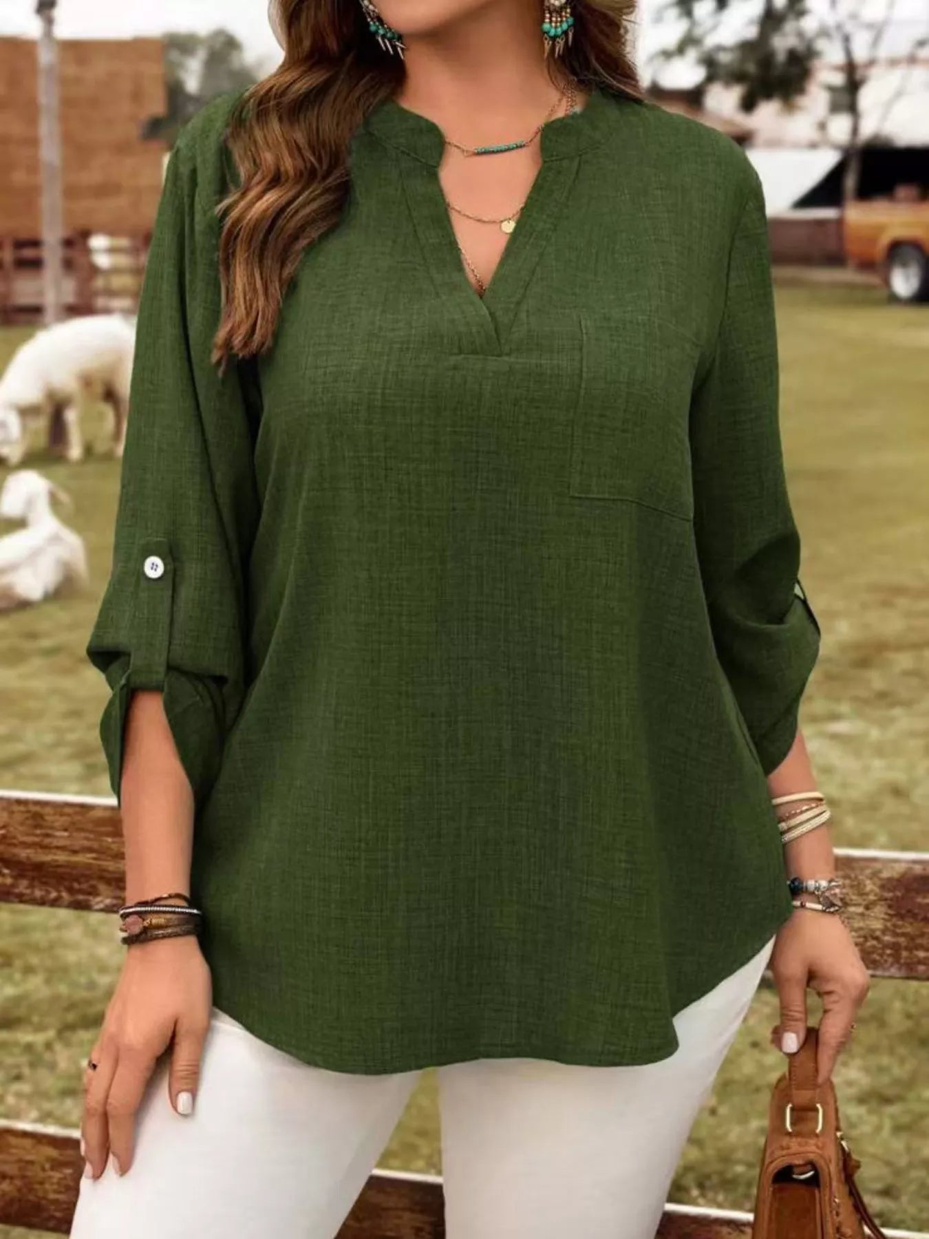 Trendsi Plus Size Notched Roll-Tab Sleeve Casual Blouse -