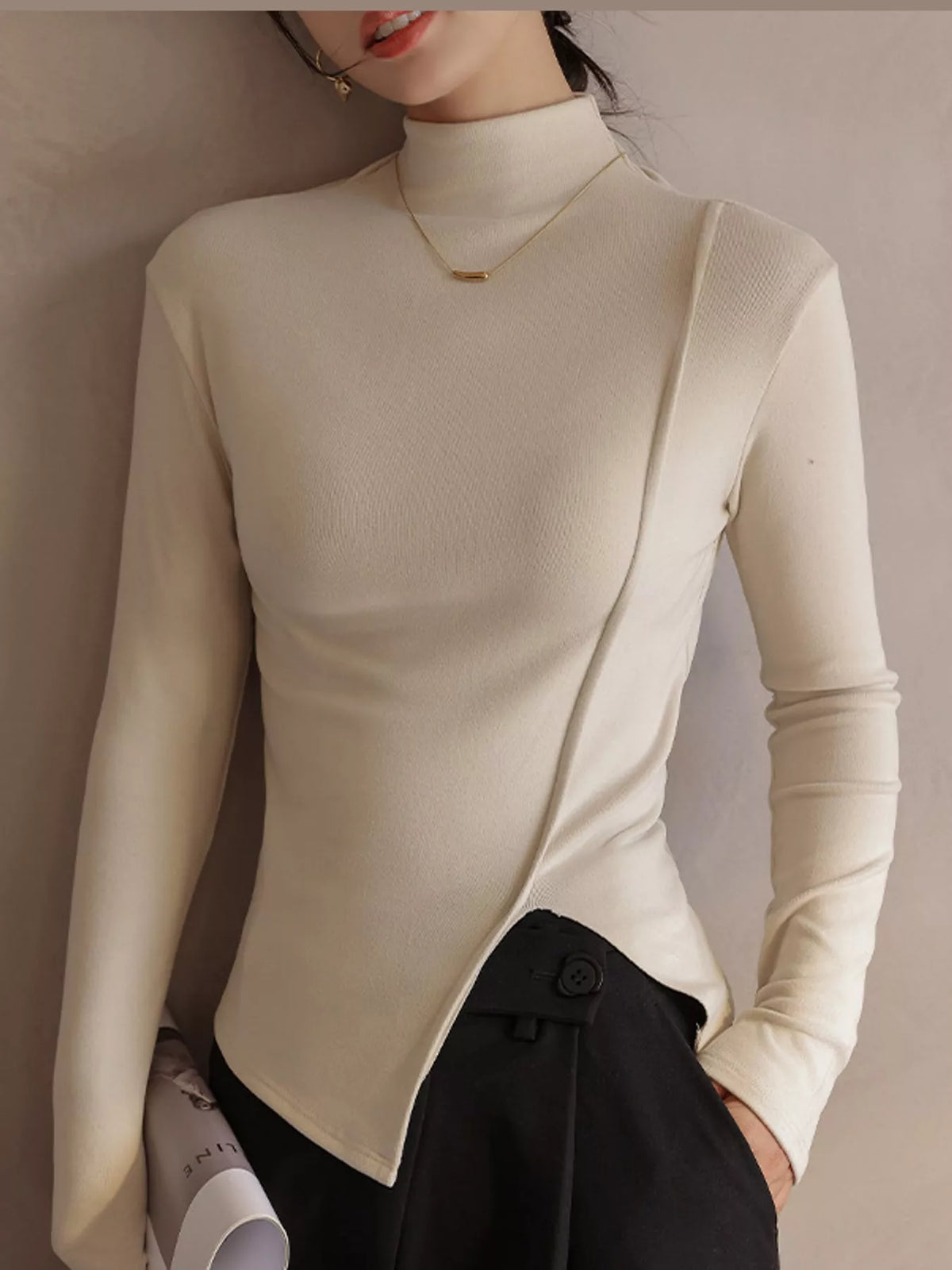 Beige Apricot mock neck long sleeve t-shirt