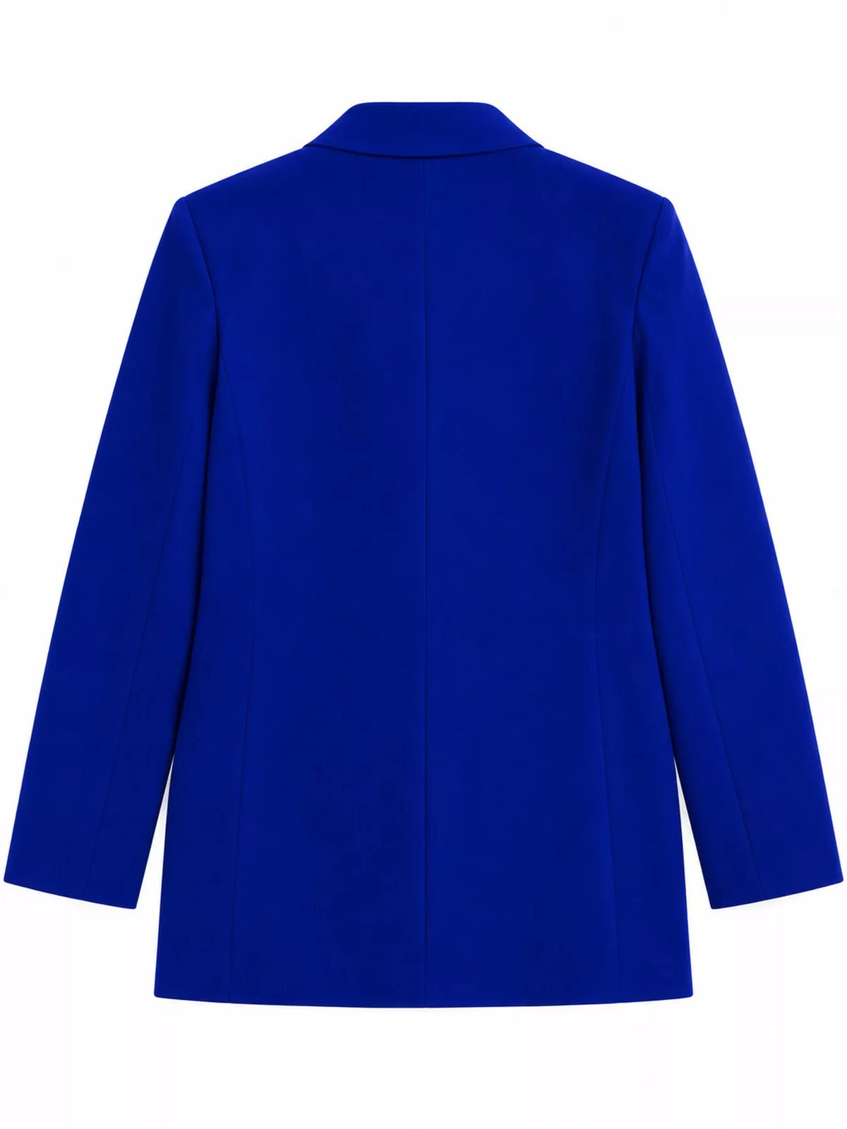 Royal blue double-breasted lapel collar blazer, back view