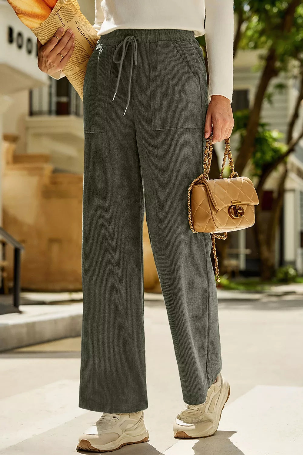 Trendsi Drawstring Corduroy Wide Leg Pants -