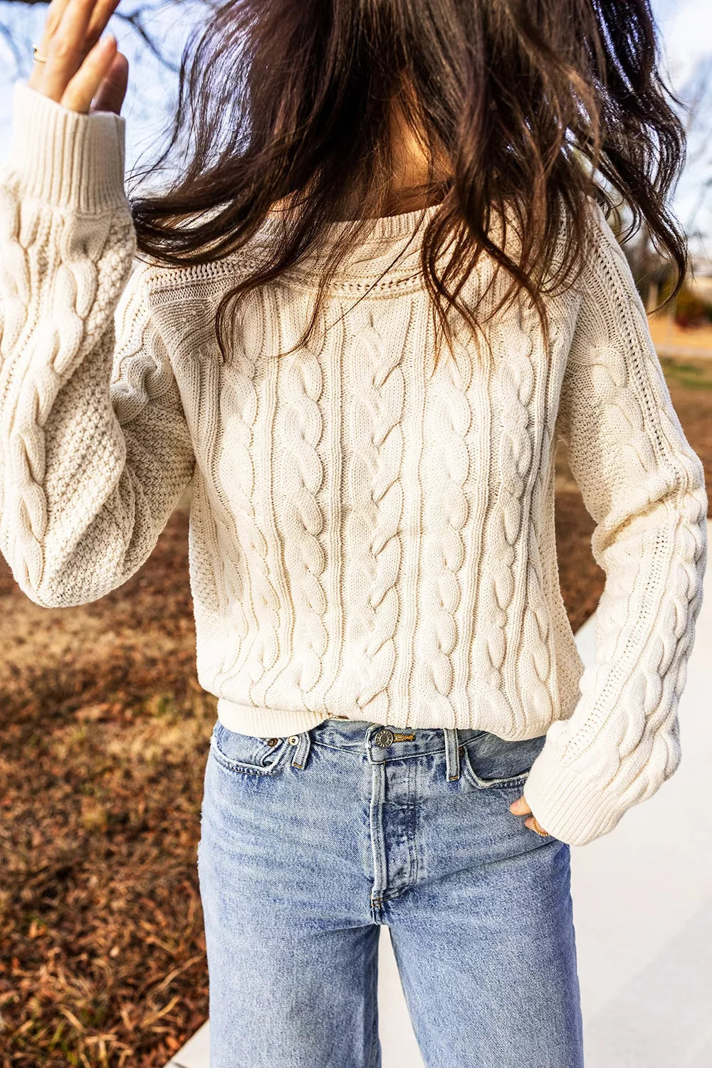 Trendsi Drop Shoulder Round Neck Cable Knit Sweater -