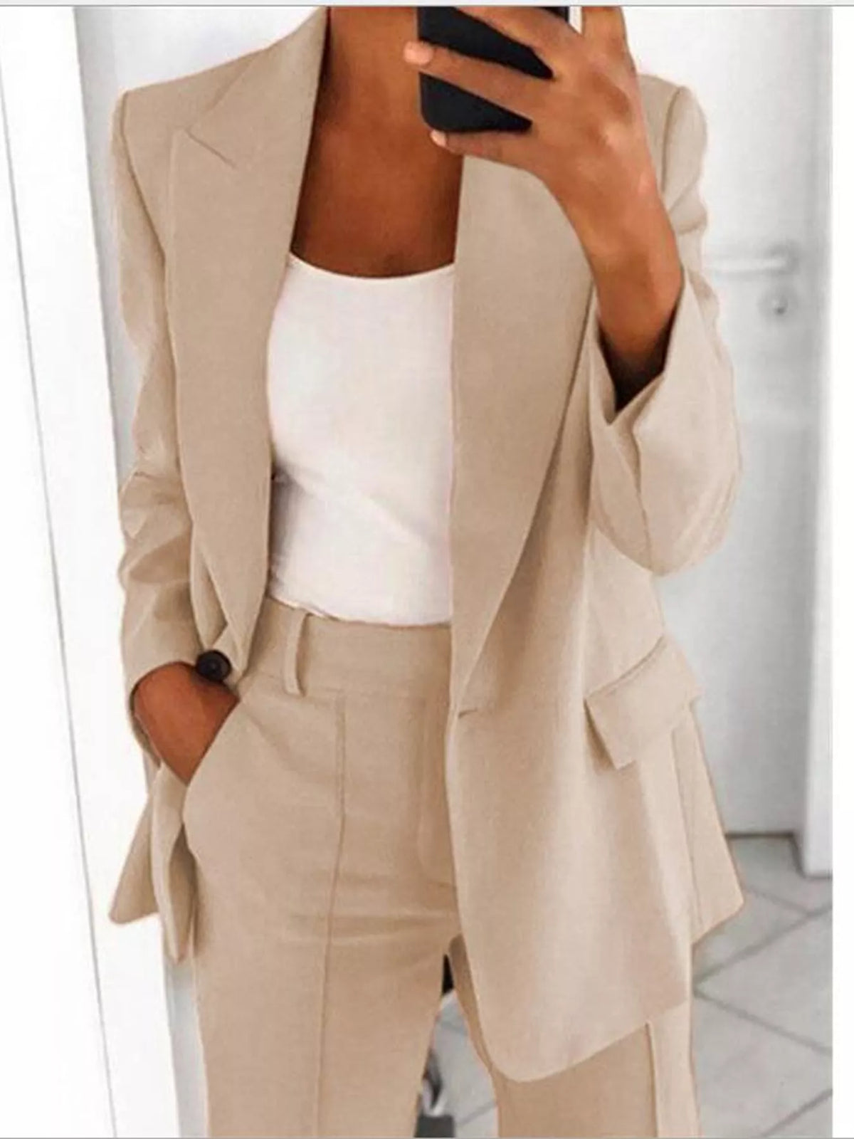 Collared long sleeve outfit set, front view on model