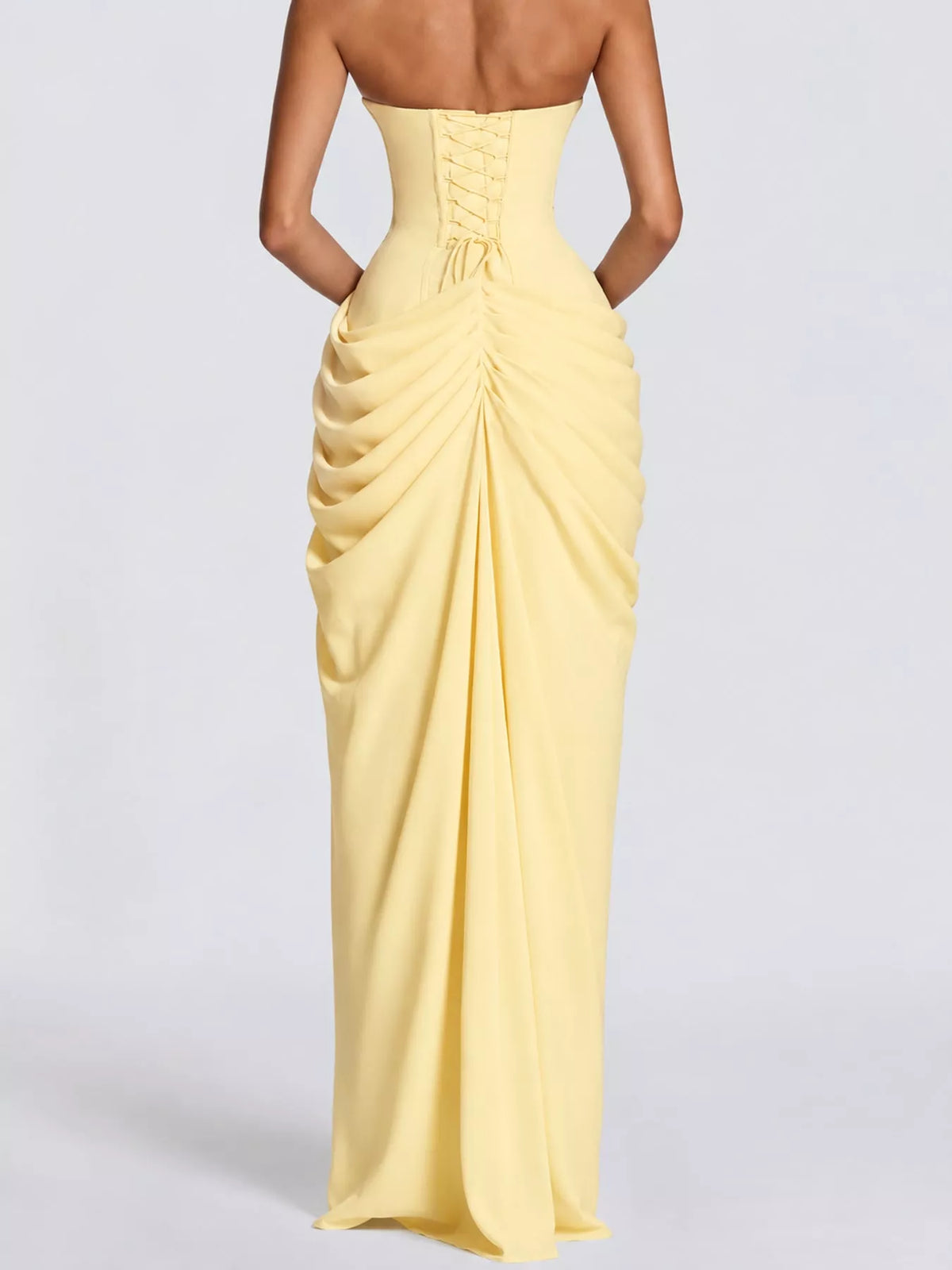 strapless maxi dress, back view