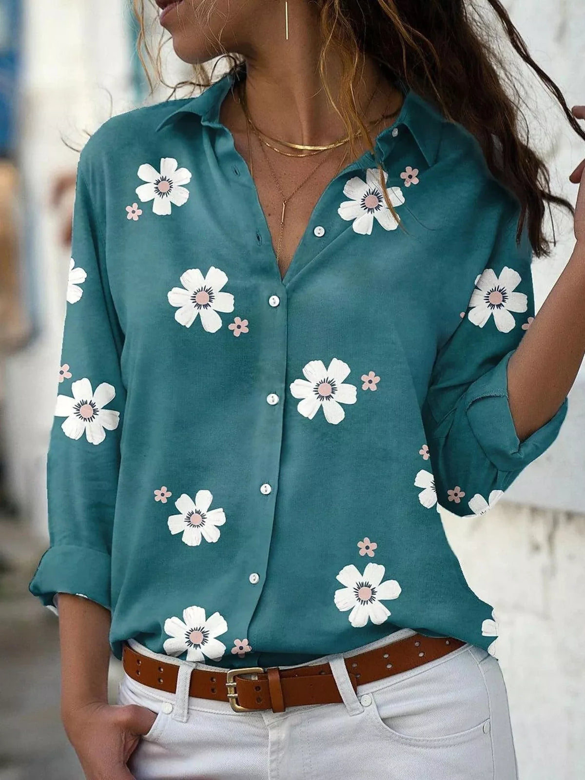 Turquoise Floral Print Button-Down Casual Shirt front view