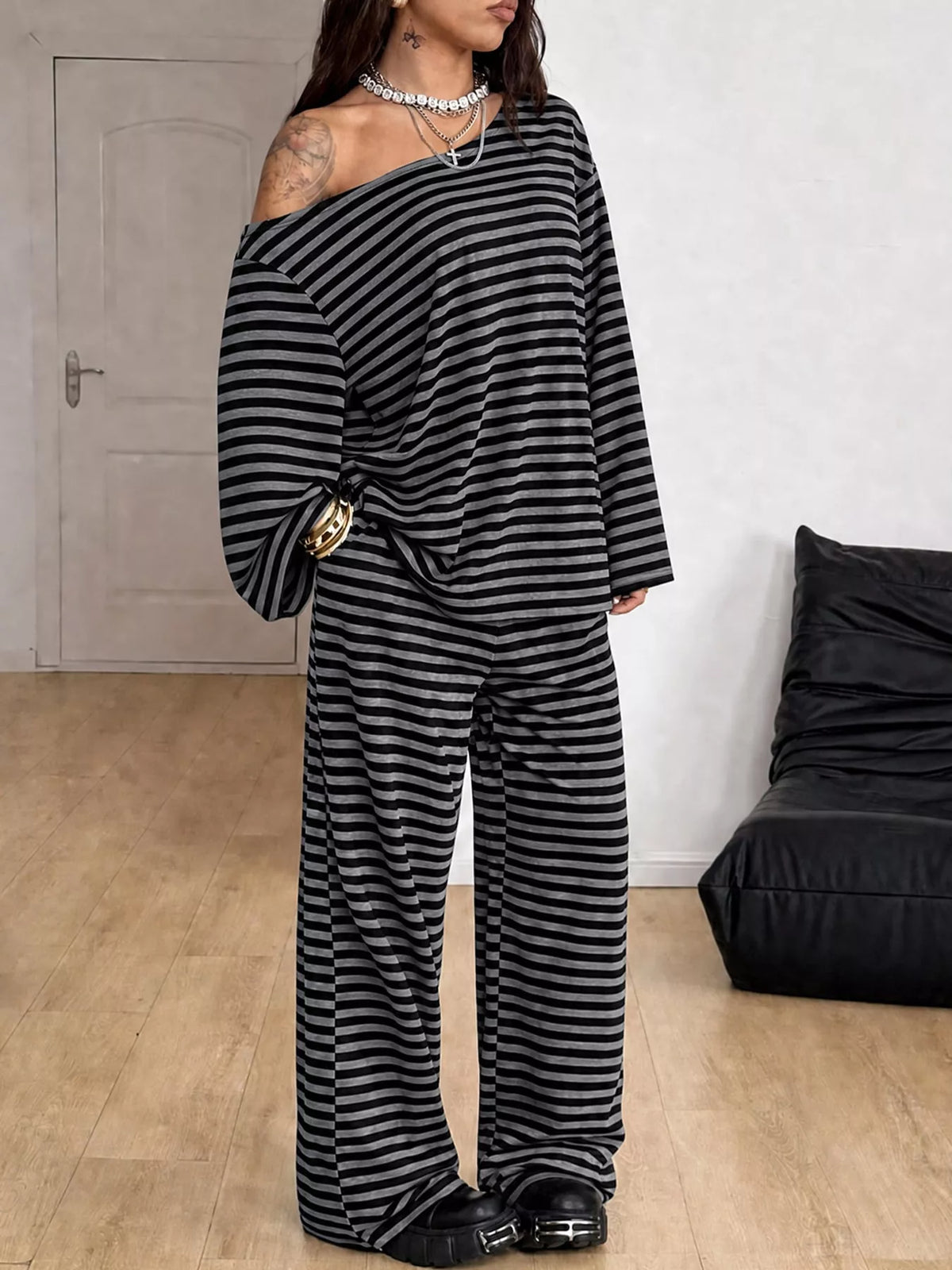 Off-Shoulder Striped Long Sleeve Top and Wide Leg Pants Set in gray