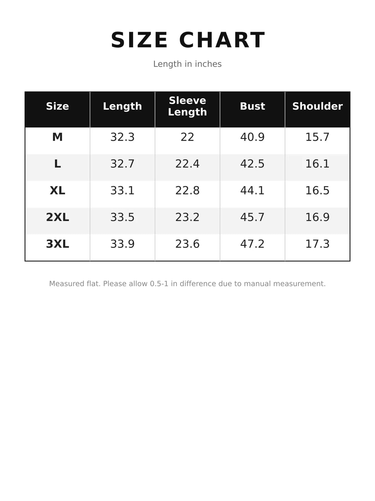 Size chart for women's double breasted coat with contrast trim