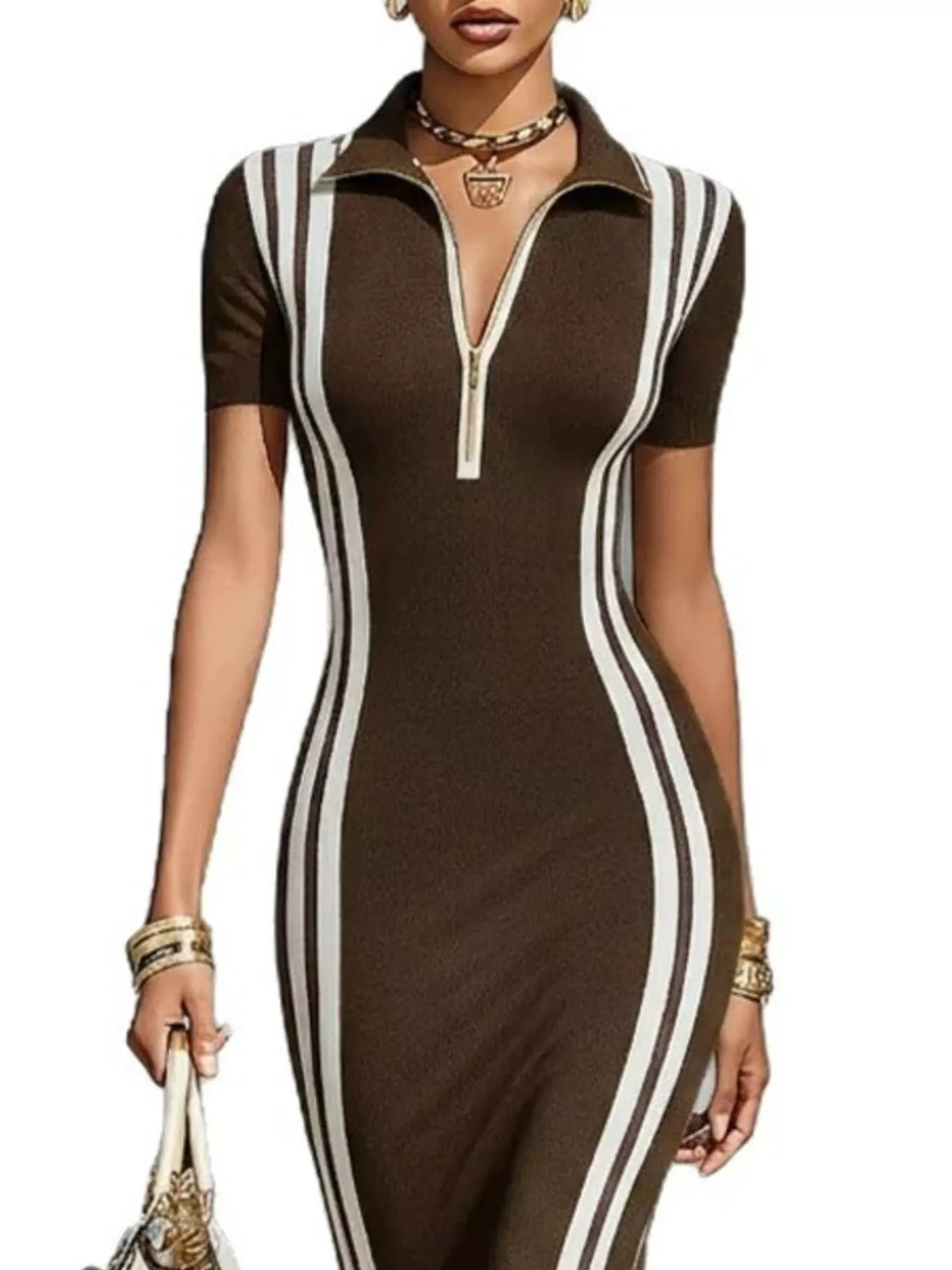 Brown side stripe short sleeve dress — design and construction details