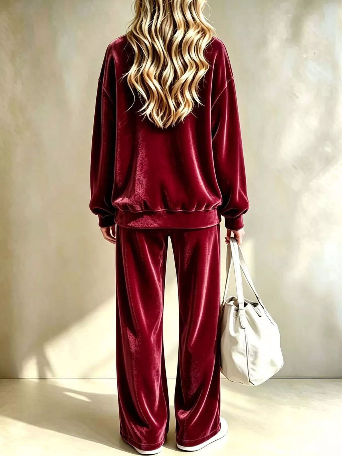 Velour Long Sleeve Top and Wide-Leg Pants Set — back view