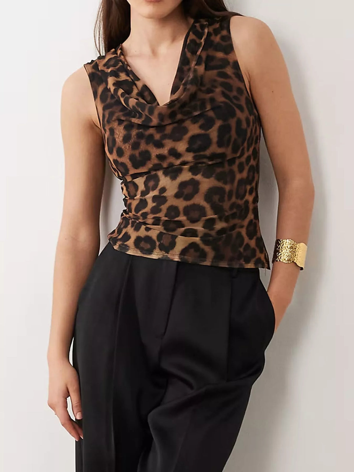 Leopard Print Cowl Neck Sleeveless Tank Top in leopard print