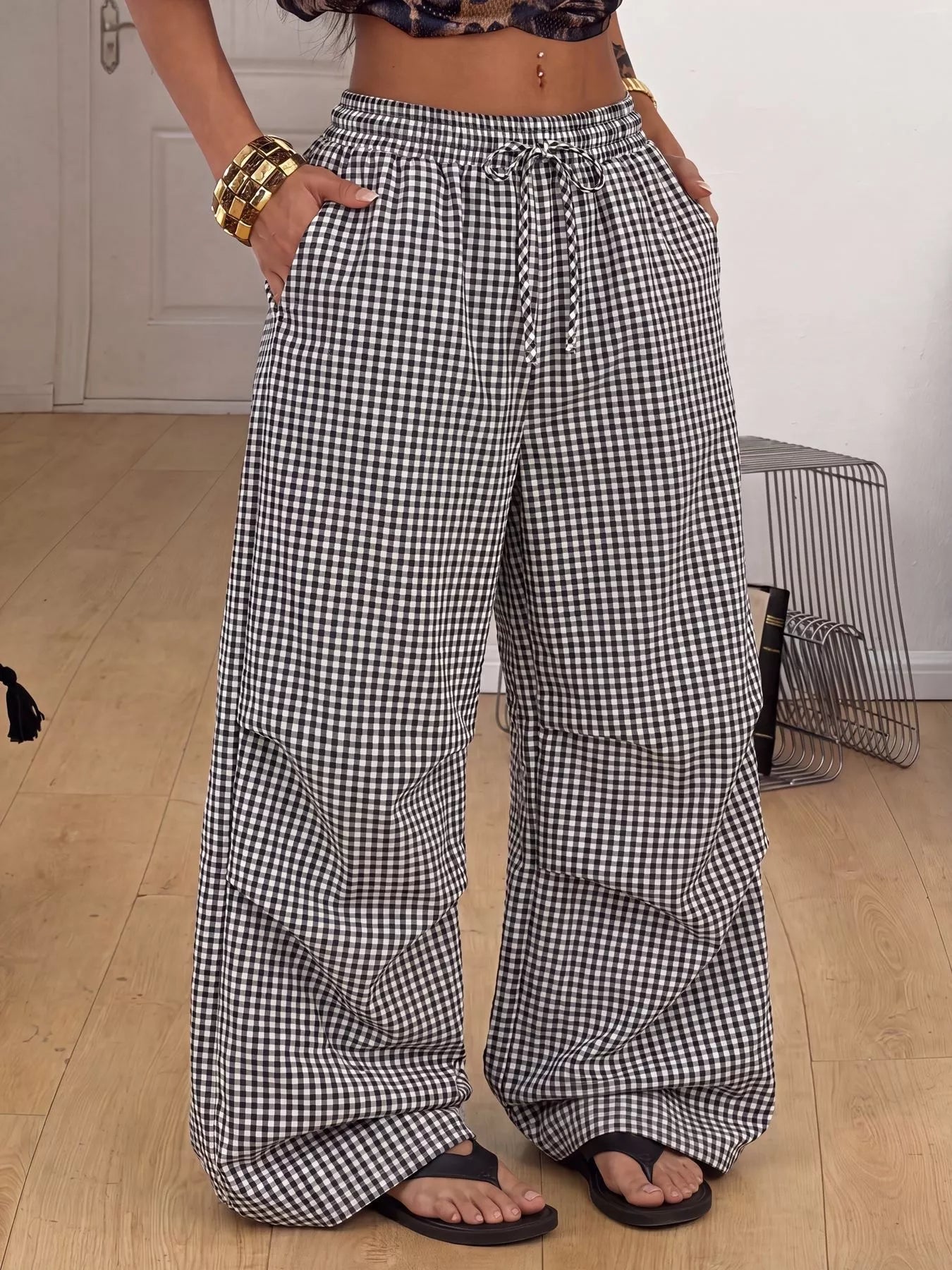 Trendsi High-Waisted Gingham Wide-Leg Drawstring Pants -