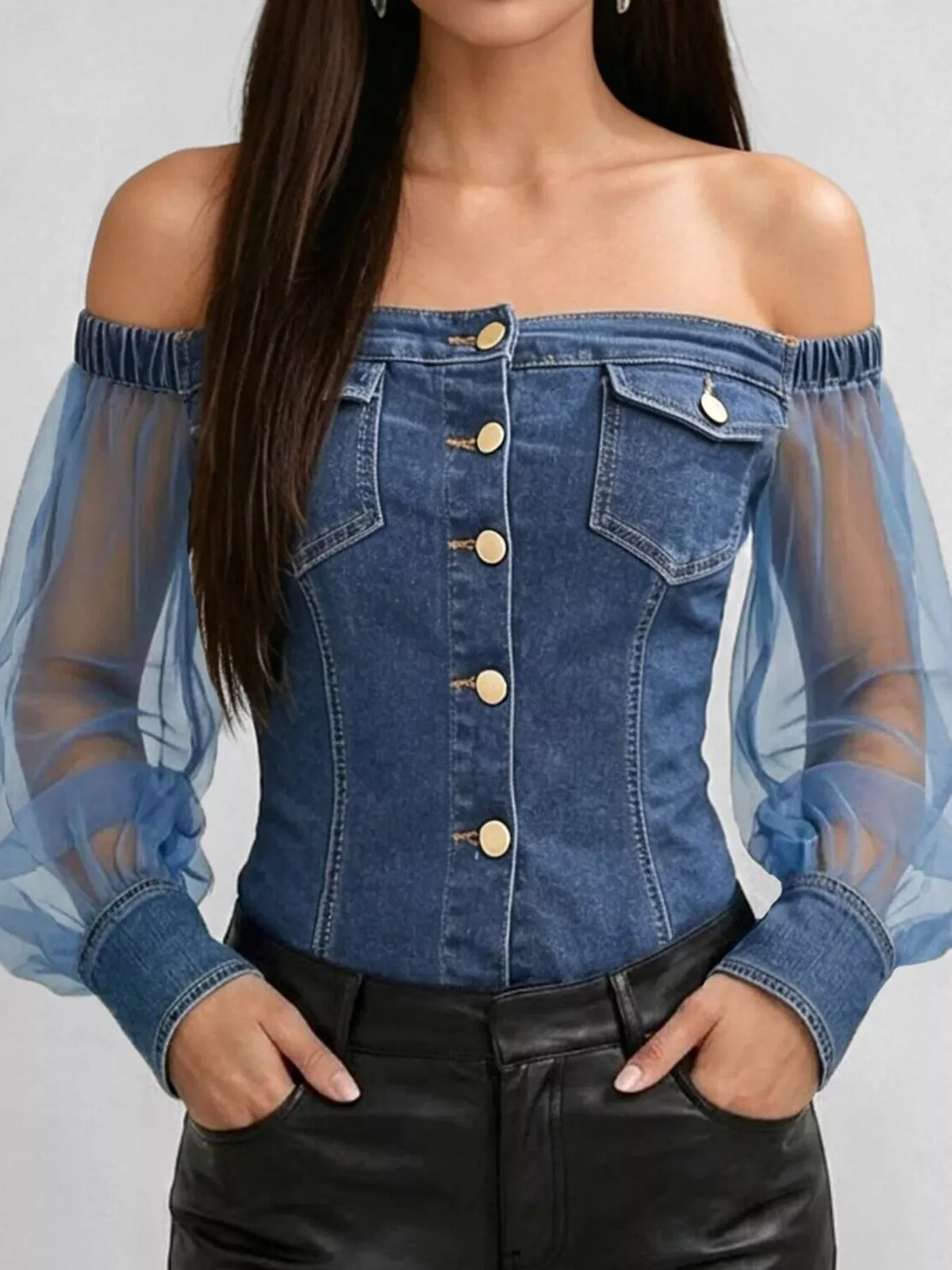 Blue off-shoulder sheer sleeve denim top — front view