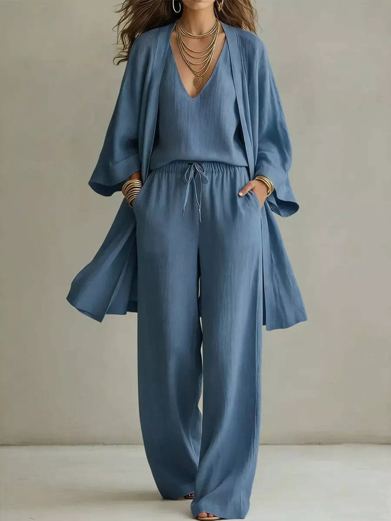 Trendsi V-Neck Top & Cardigan & Pants Three-Piece Set -
