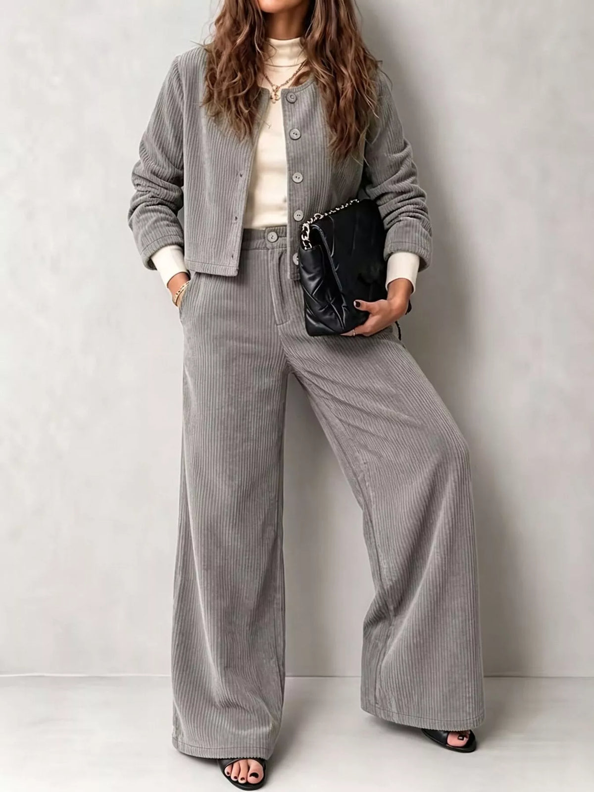 Women's Corduroy Button-Down Jacket and Wide-Leg Pants Two-Piece Set in gray — front view