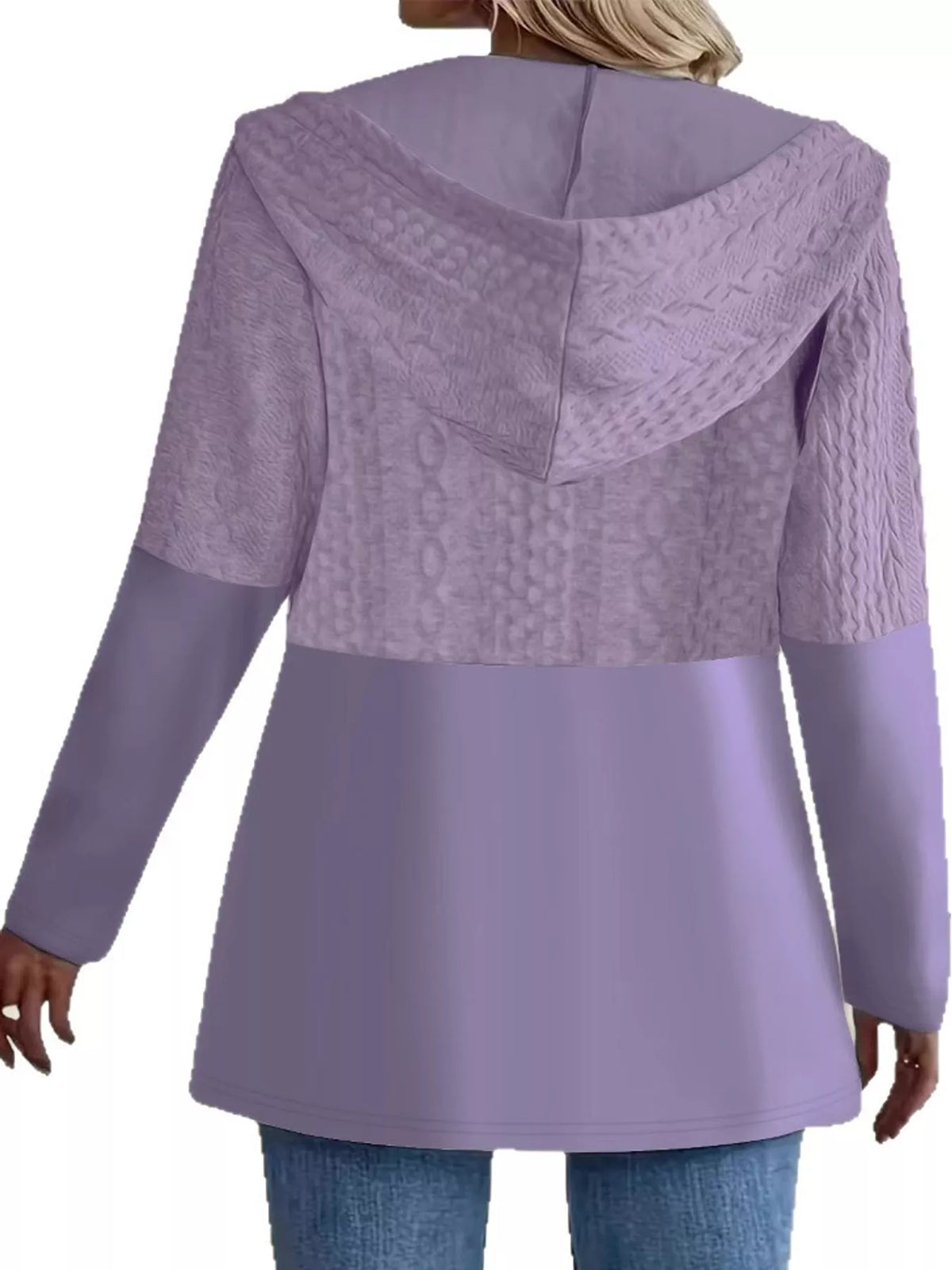 Purple hooded zip-up jacket, back view