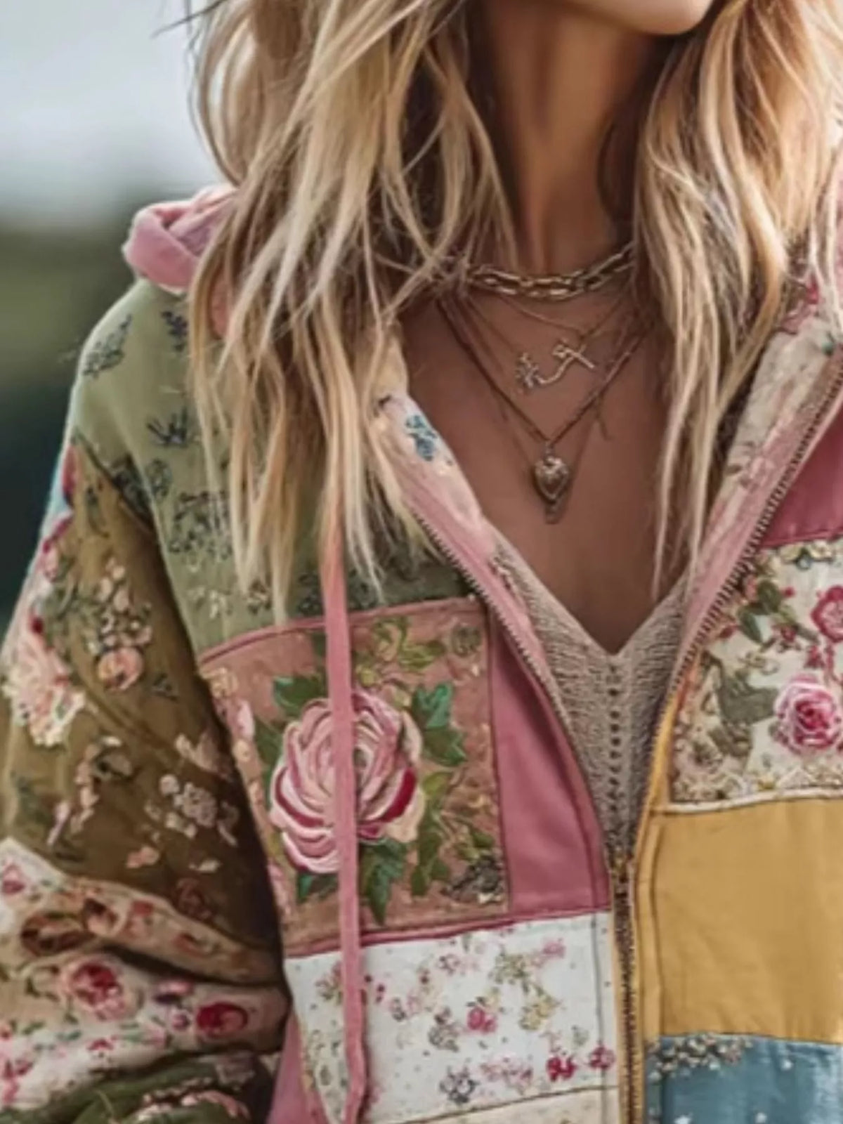 Drawstring Floral Zip-Up Sweatshirt in multicolor, patchwork detail