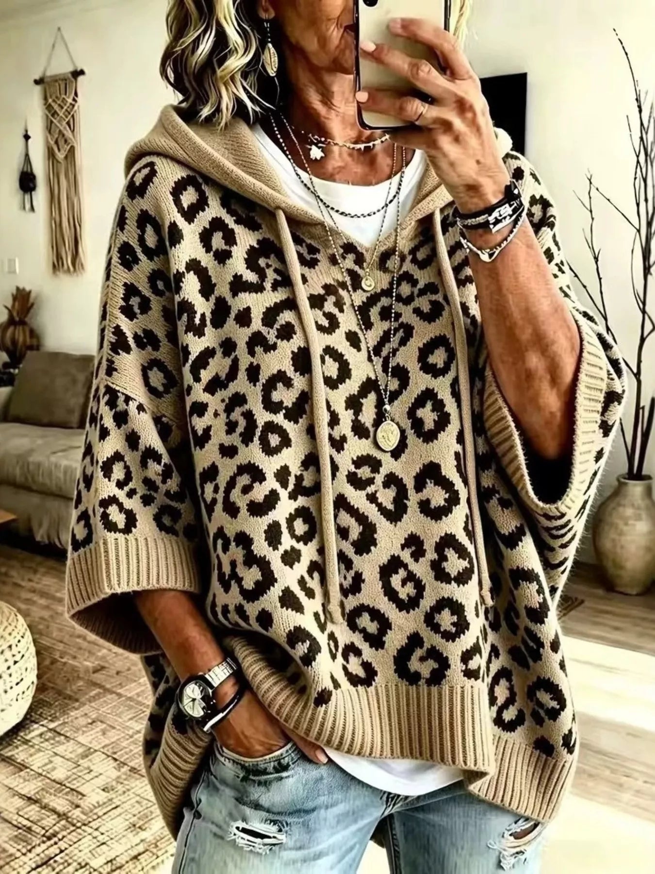 Trendsi Drawstring Leopard Hooded Sweater -