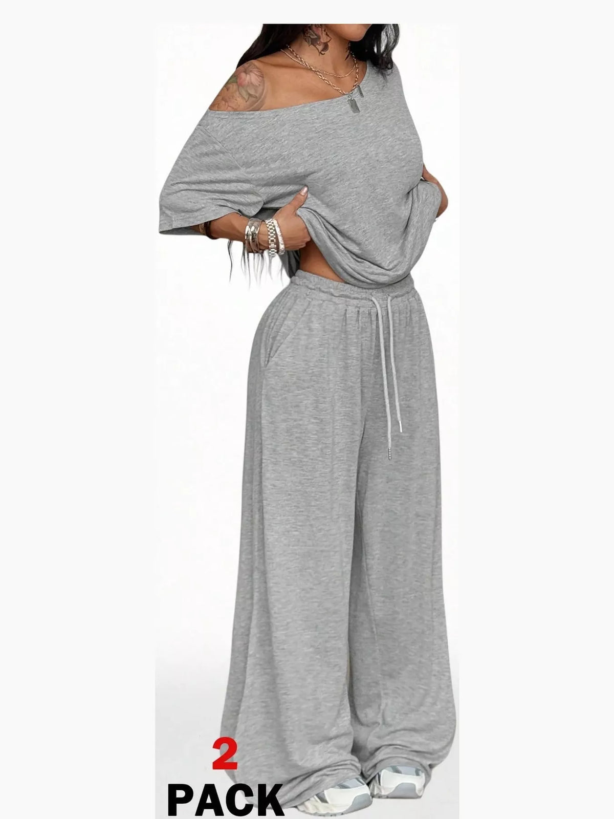 Gray boat neck top and wide-leg pants set — front view