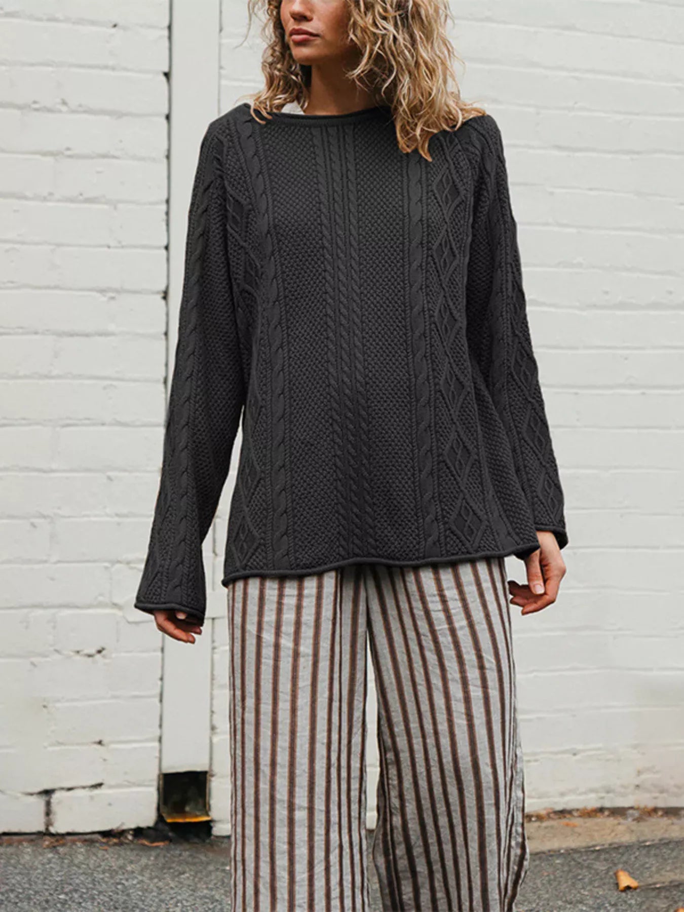 Trendsi Crew Neck Cable-Knit Sweater -