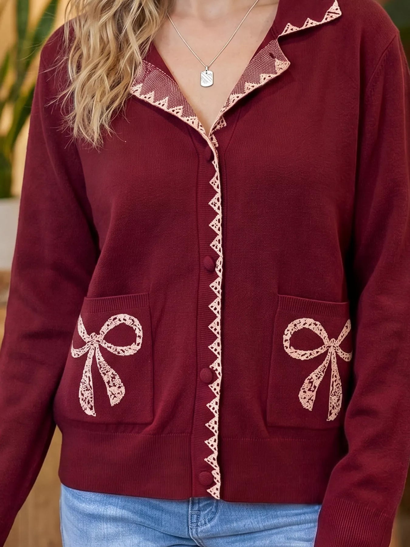 Trendsi Bow Pocket Collar Long Sleeve Knit Cardigan -