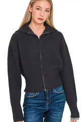 Trendsi Zenana Ribbed Collared Zip Up Sweater Cardigan -