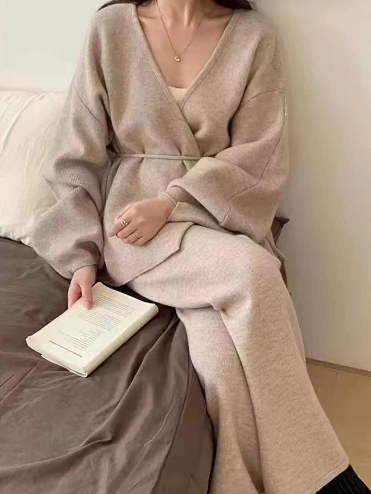 V-Neck Wrap Cardigan and Wide-Leg Pants Sweater Set in taupe