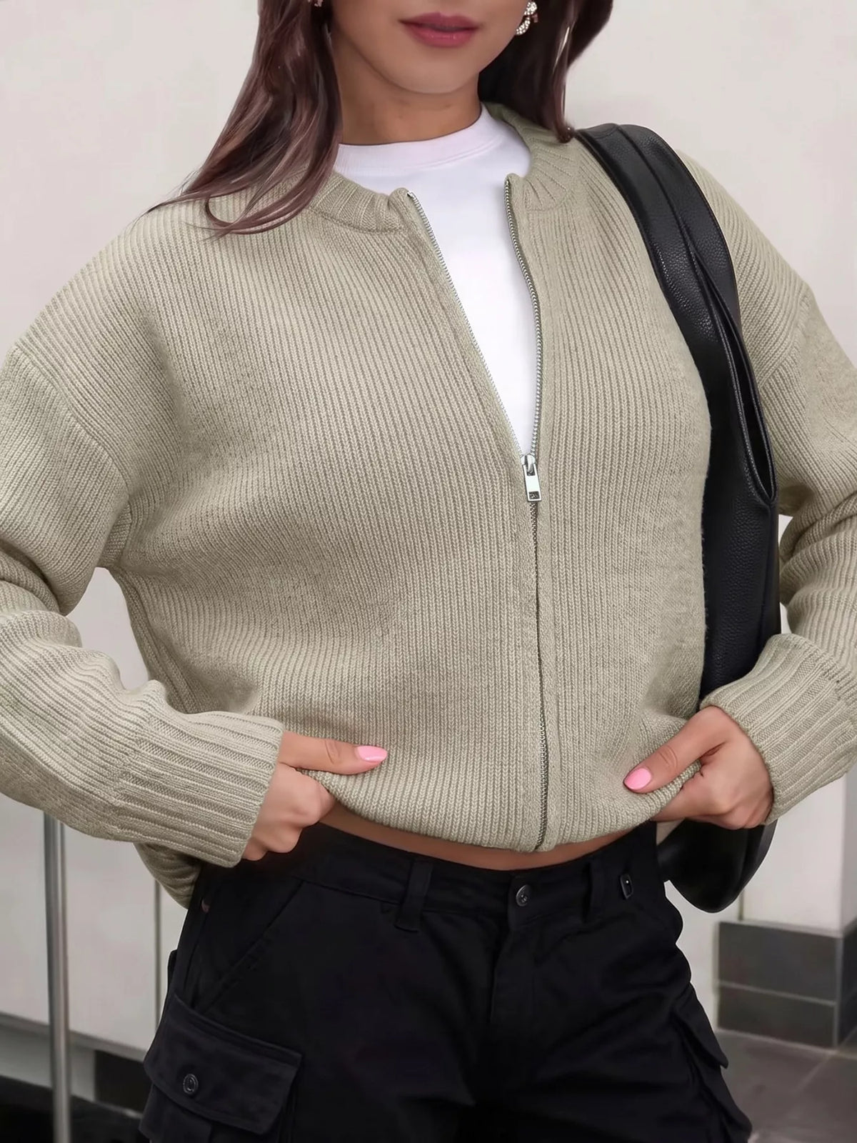 Trendsi Zip-Up Dropped Shoulder Cardigan -