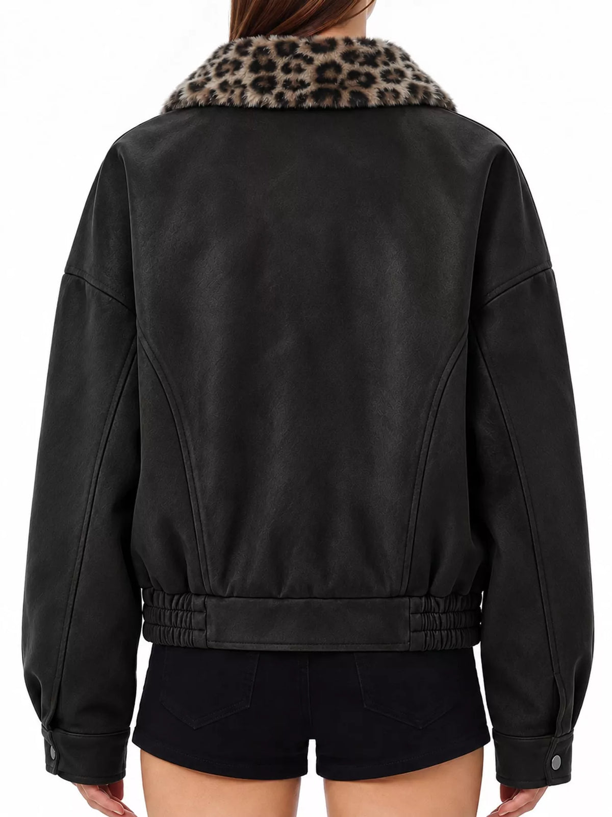 Black leopard collar zip-up jacket — back view