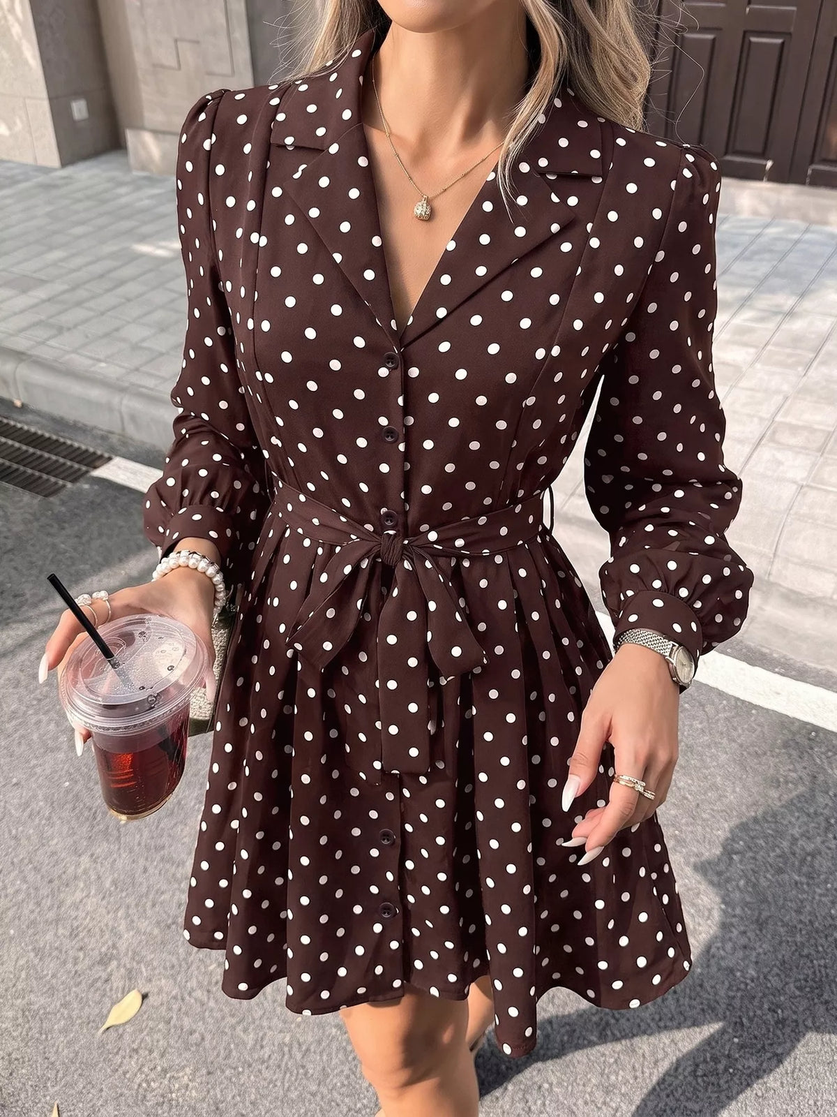 Trendsi Polka Dot Long Sleeve Shirt Dress -