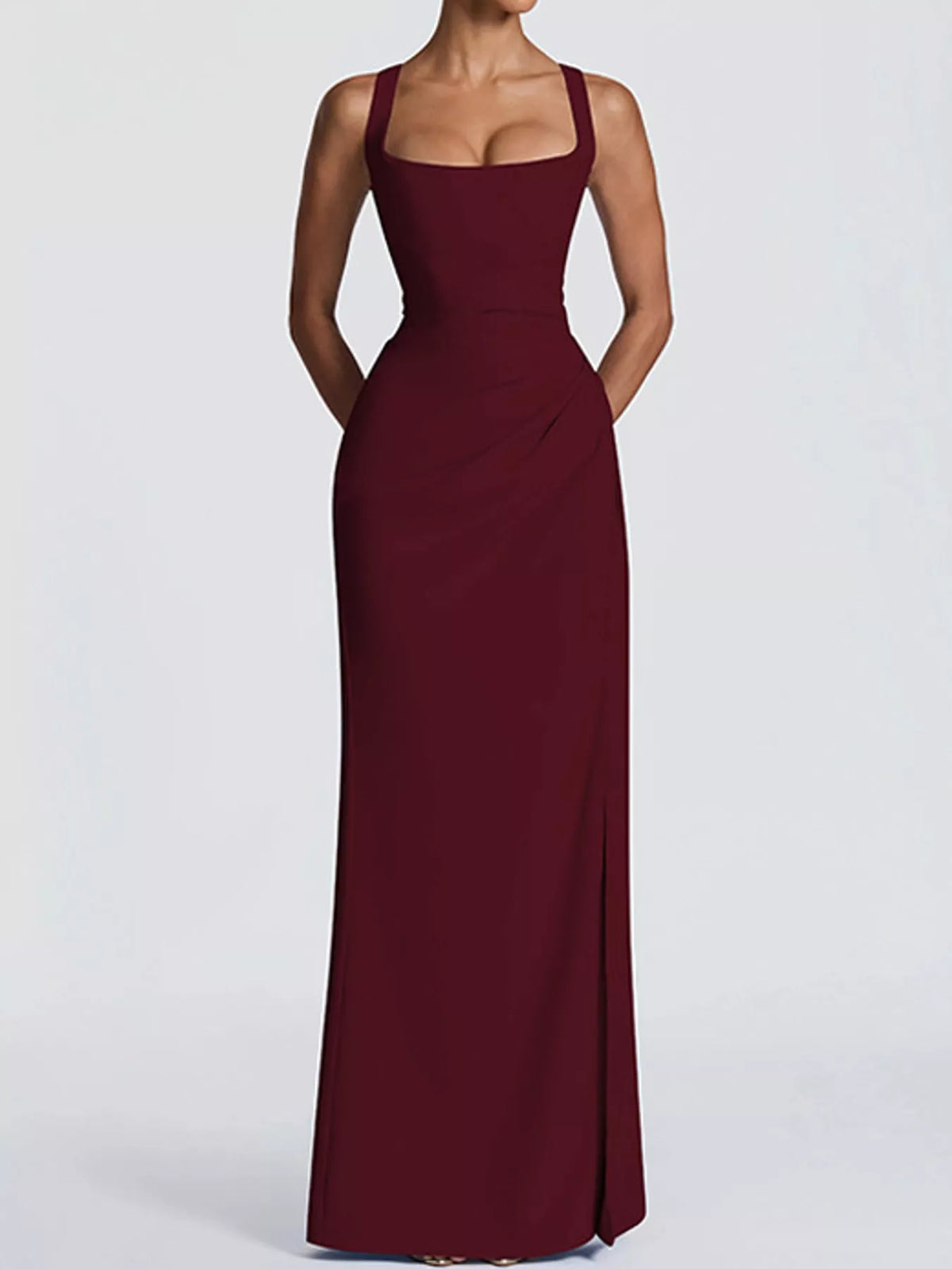 Women's Sleeveless High-Slit Evening Maxi Dress in burgundy — front view