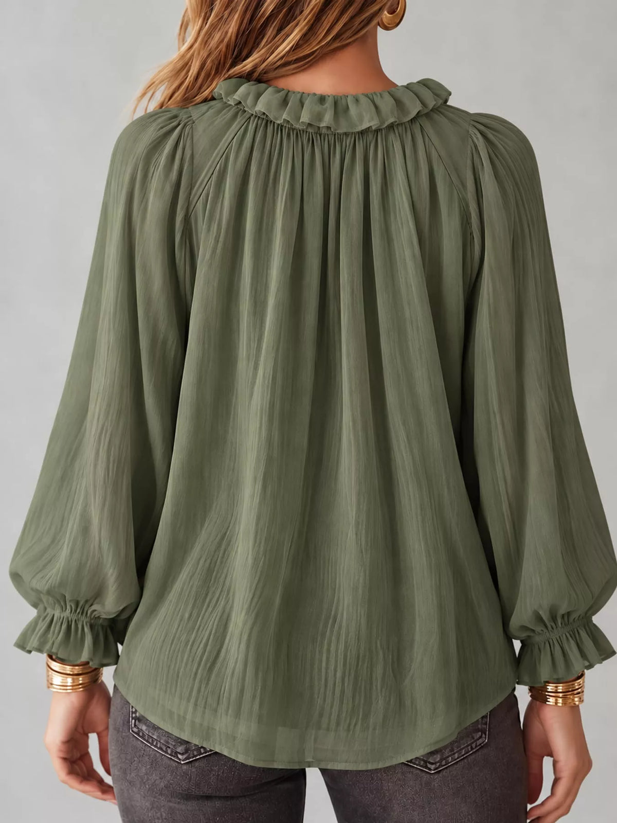 V-neck long sleeve blouse, back view