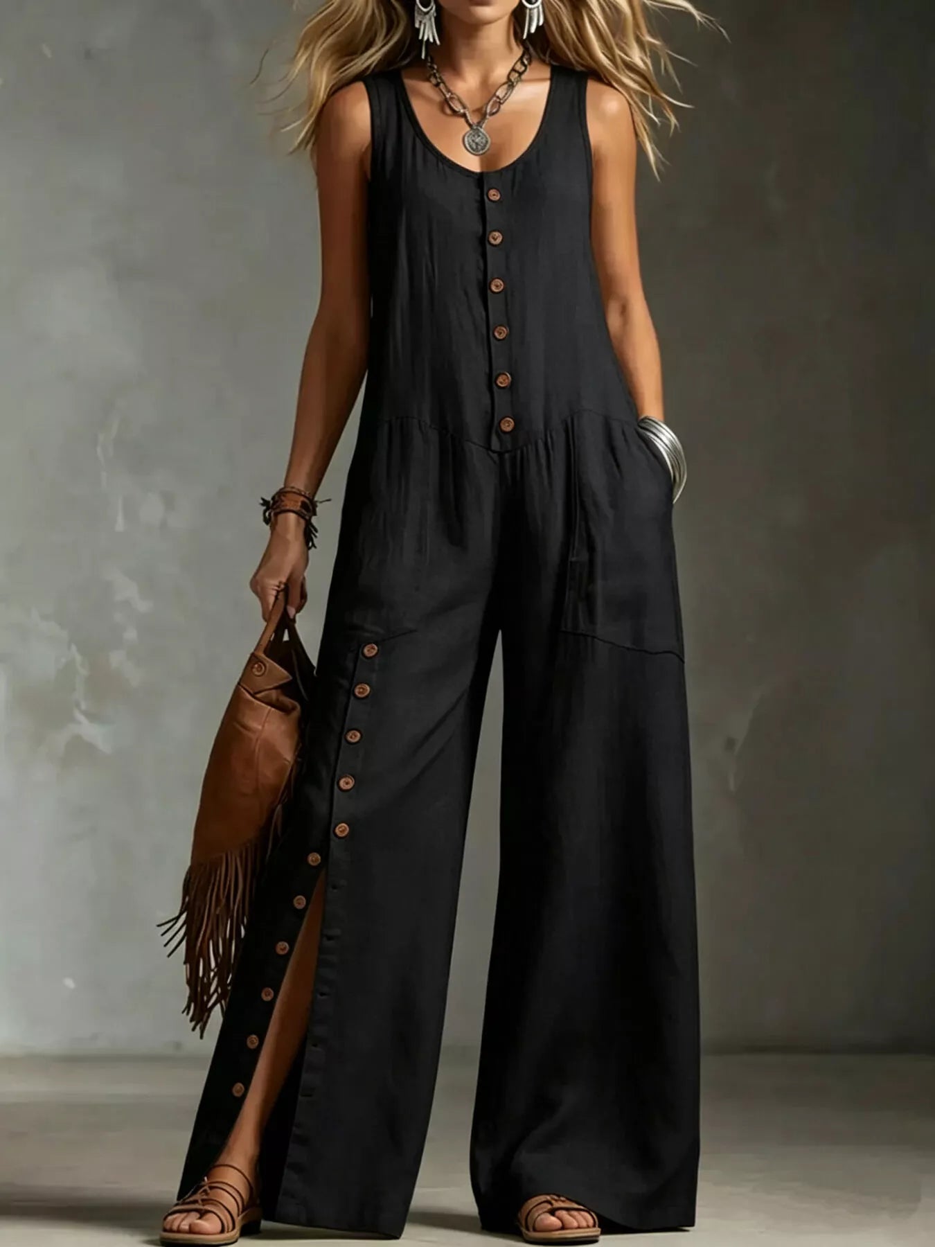 Trendsi Full Size Sleeveless Button-Down Wide-Leg Jumpsuit Plus Size -